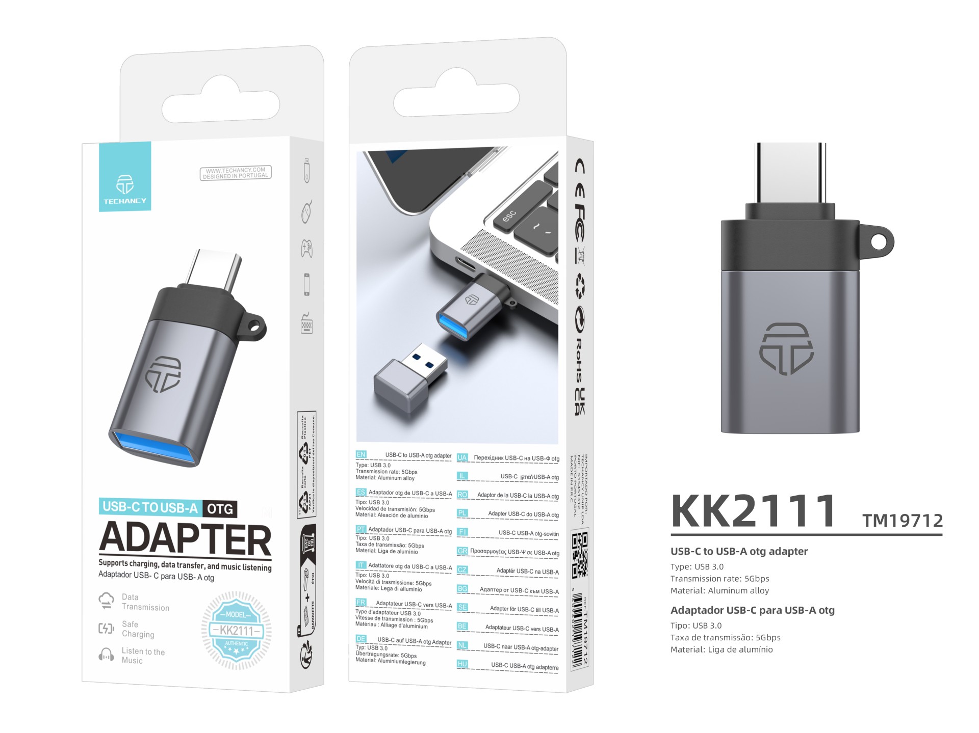 Techancy Adaptador USB-C para USB-A OTG KK2111, Alta Velocidade de Transferência, Carregamento Segu Techancy Adaptador USB-C para USB-A OTG KK2111, Alta Velocidade de Transferência, Carregamento Segu