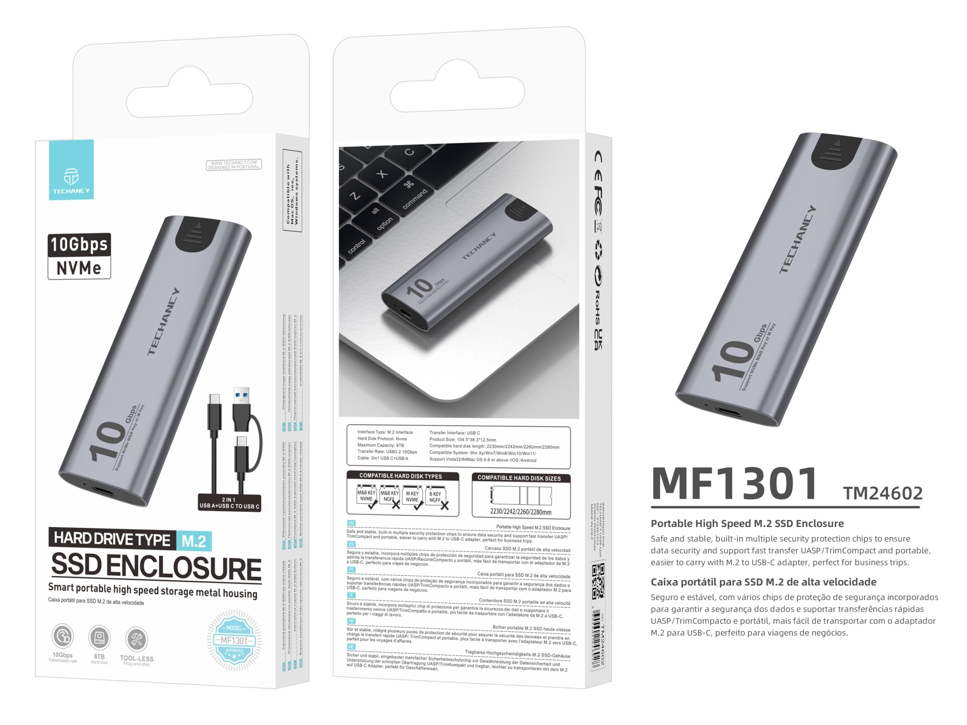 Techancy Caixa SSD M.2 NVMe portátil de alta velocidade MF1301 Cinza , 10 Gbps com USB-C, compatível Techancy Caixa SSD M.2 NVMe portátil de alta velocidade MF1301 Cinza , 10 Gbps com USB-C, compatível