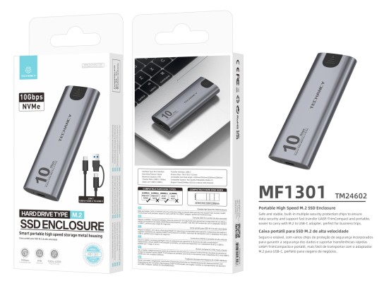 Techancy Caixa SSD M.2 NVMe portátil de alta velocidade MF1301 Cinza , 10 Gbps com USB-C, compatível Techancy Caixa SSD M.2 NVMe portátil de alta velocidade MF1301 Cinza , 10 Gbps com USB-C, compatível