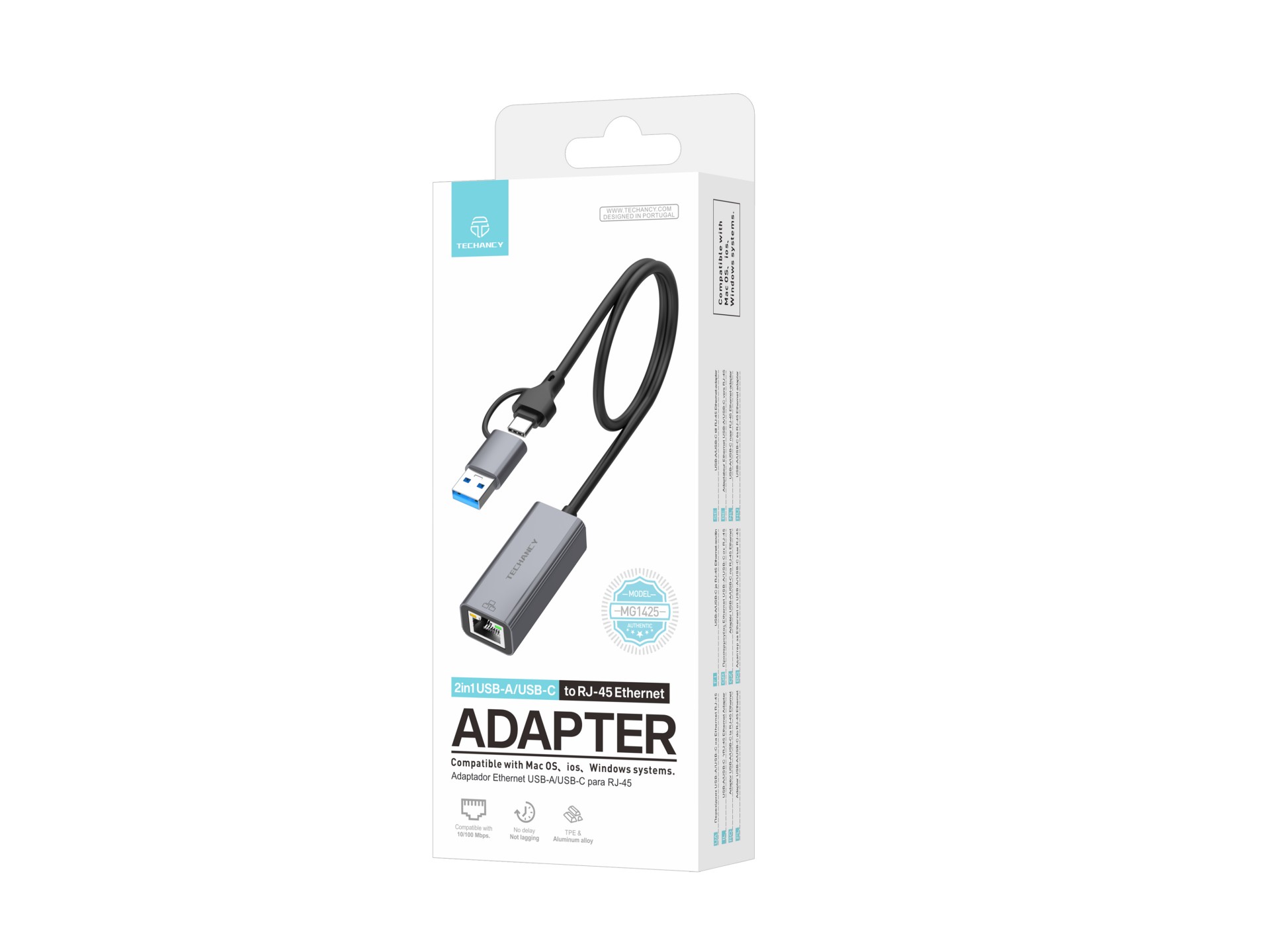 Adattatore Ethernet Techancy da USB-A/USB-C a RJ-45 MG1425, compatibile con sistemi Mac OS, iOS e Wi Adattatore Ethernet Techancy da USB-A/USB-C a RJ-45 MG1425, compatibile con sistemi Mac OS, iOS e Wi