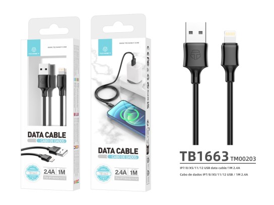Cabo De Dados Em Pvc 1M Ip7 / 8 / X / 11/12 Preto 2.4A
