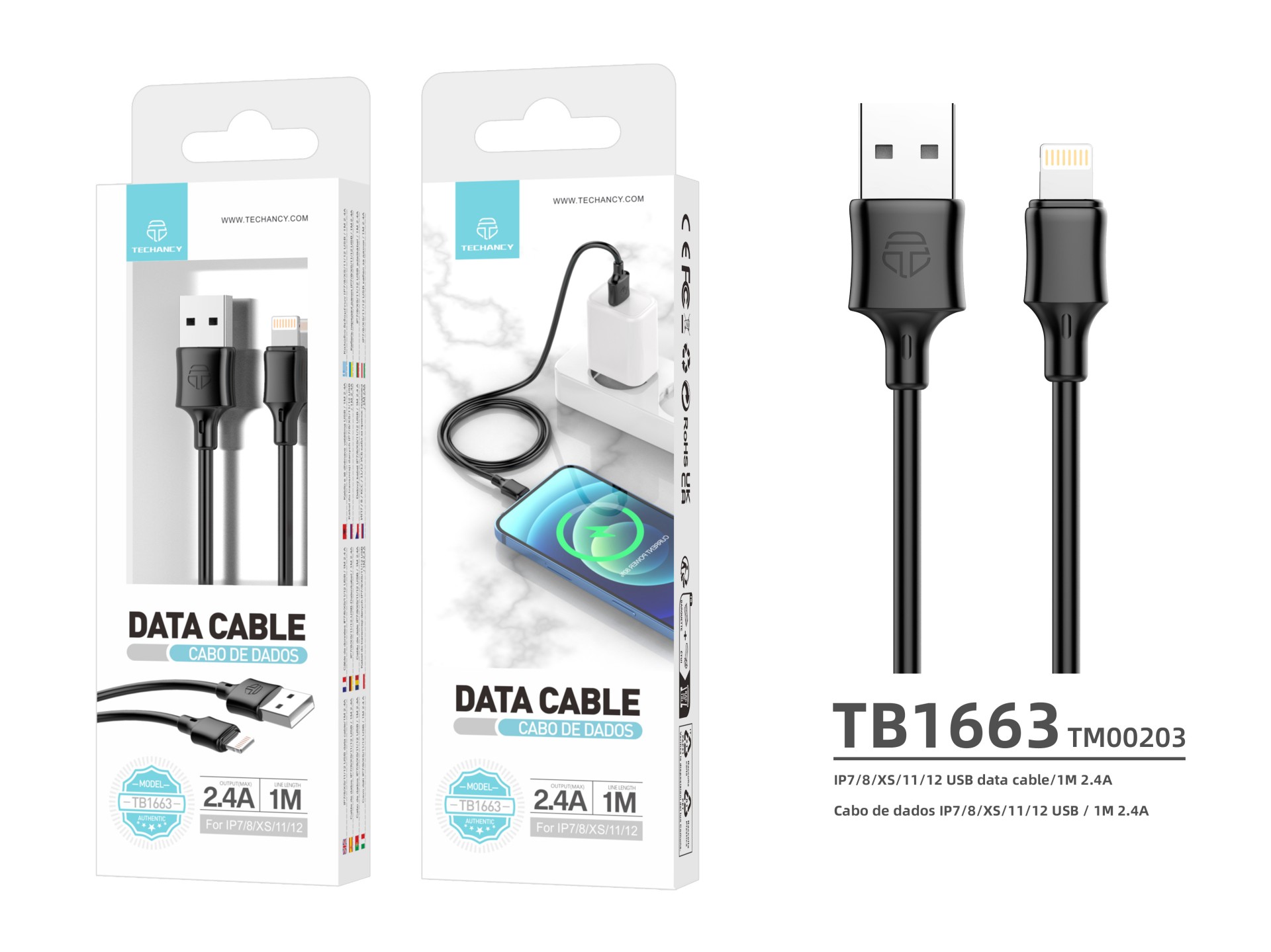 Cabo De Dados Em Pvc 1M Ip7 / 8 / X / 11/12 Preto 2.4A
