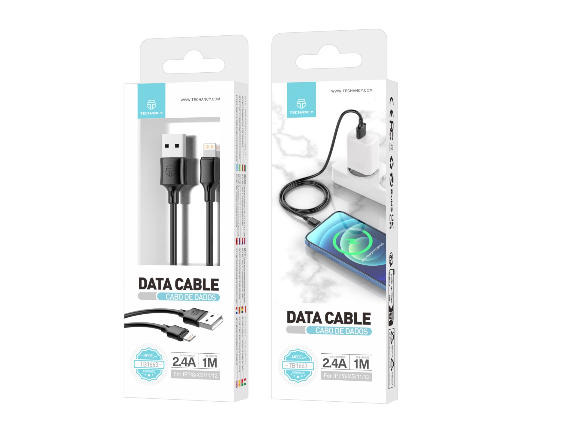 Cabo De Dados Em Pvc 1M Ip7 / 8 / X / 11/12 Preto 2.4A