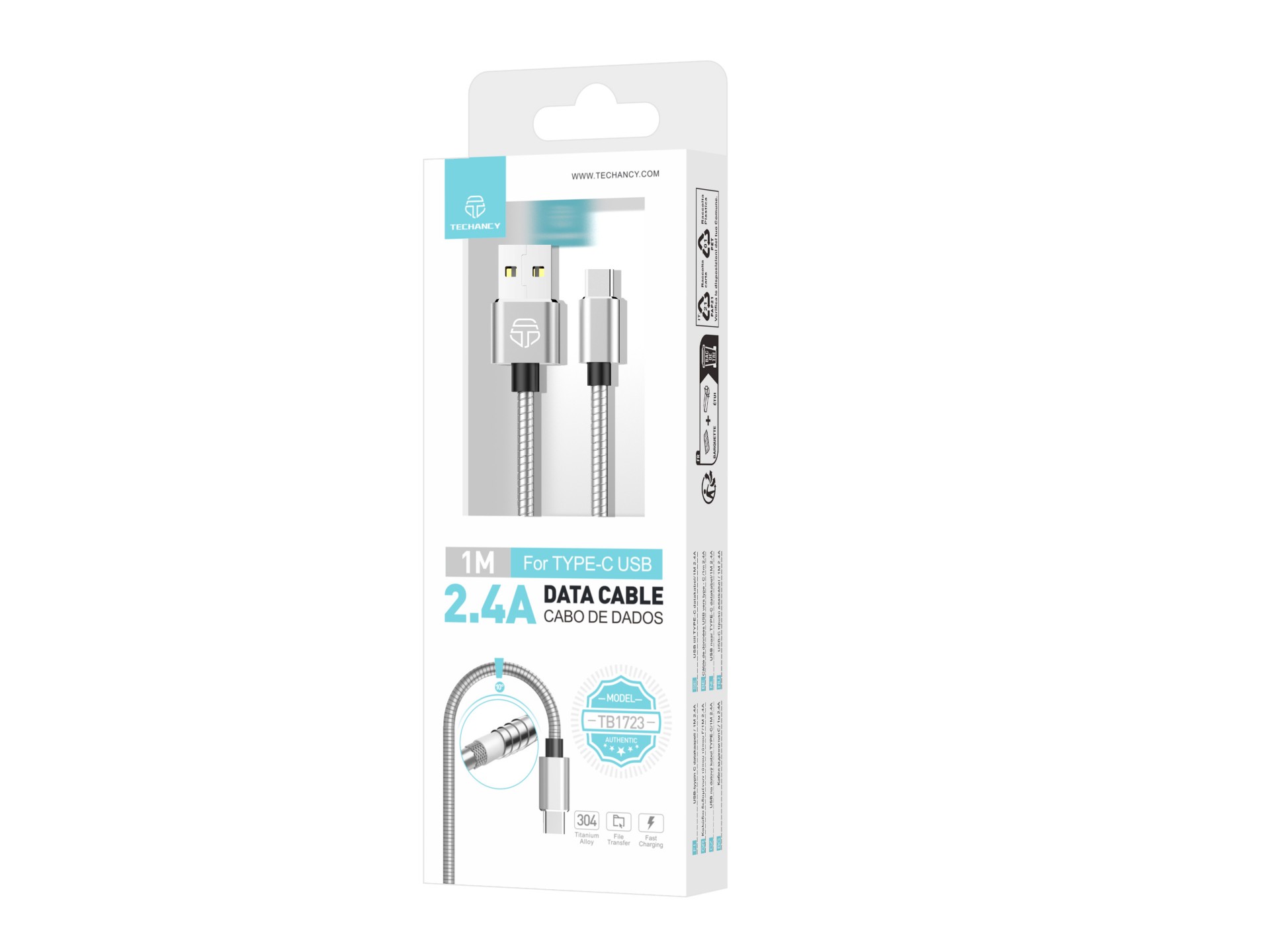 Typ-C Datenkabel 2.4A Aluminium 1M Silber