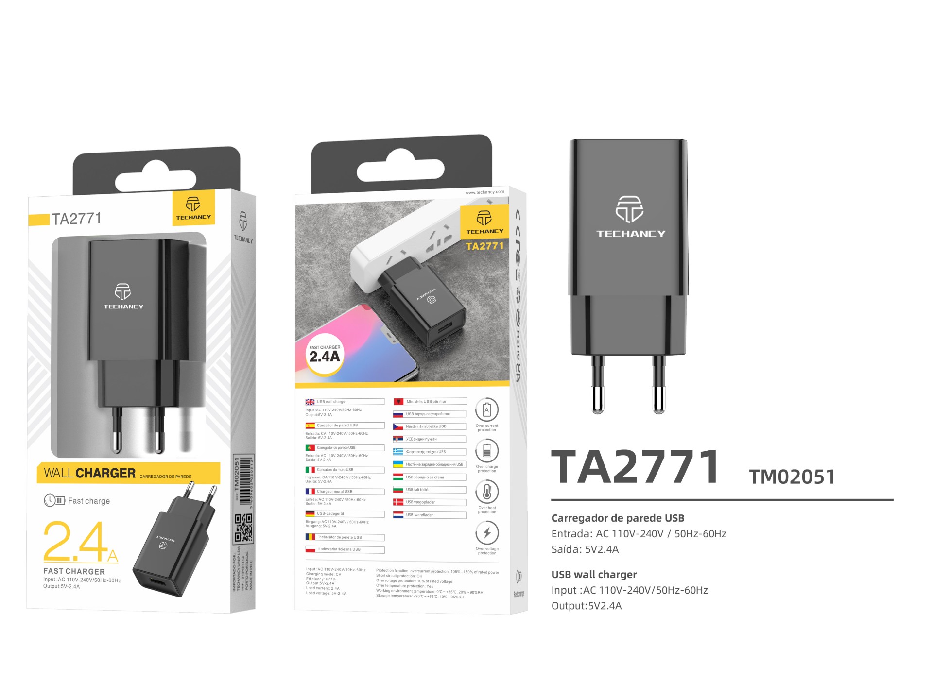Techancy Usb Wall Charger For Smartphone And Tablet 1Usb 1M 2.4A Black Techancy Usb Wall Charger For Smartphone And Tablet 1Usb 1M 2.4A Black