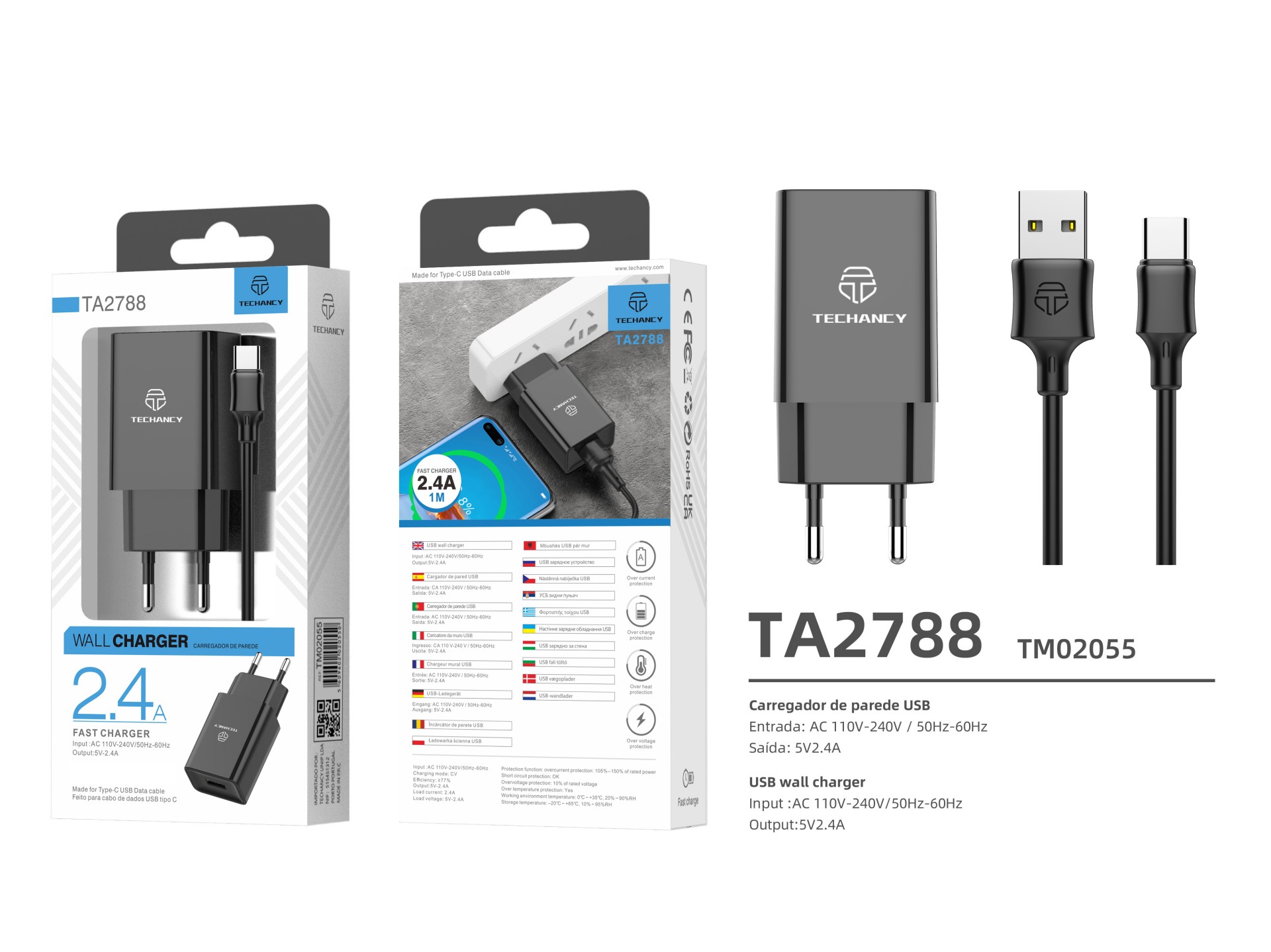 Wandladeger�t mit Kabel f�r Typ-C 2.4A 1Usb 1M Schwarz