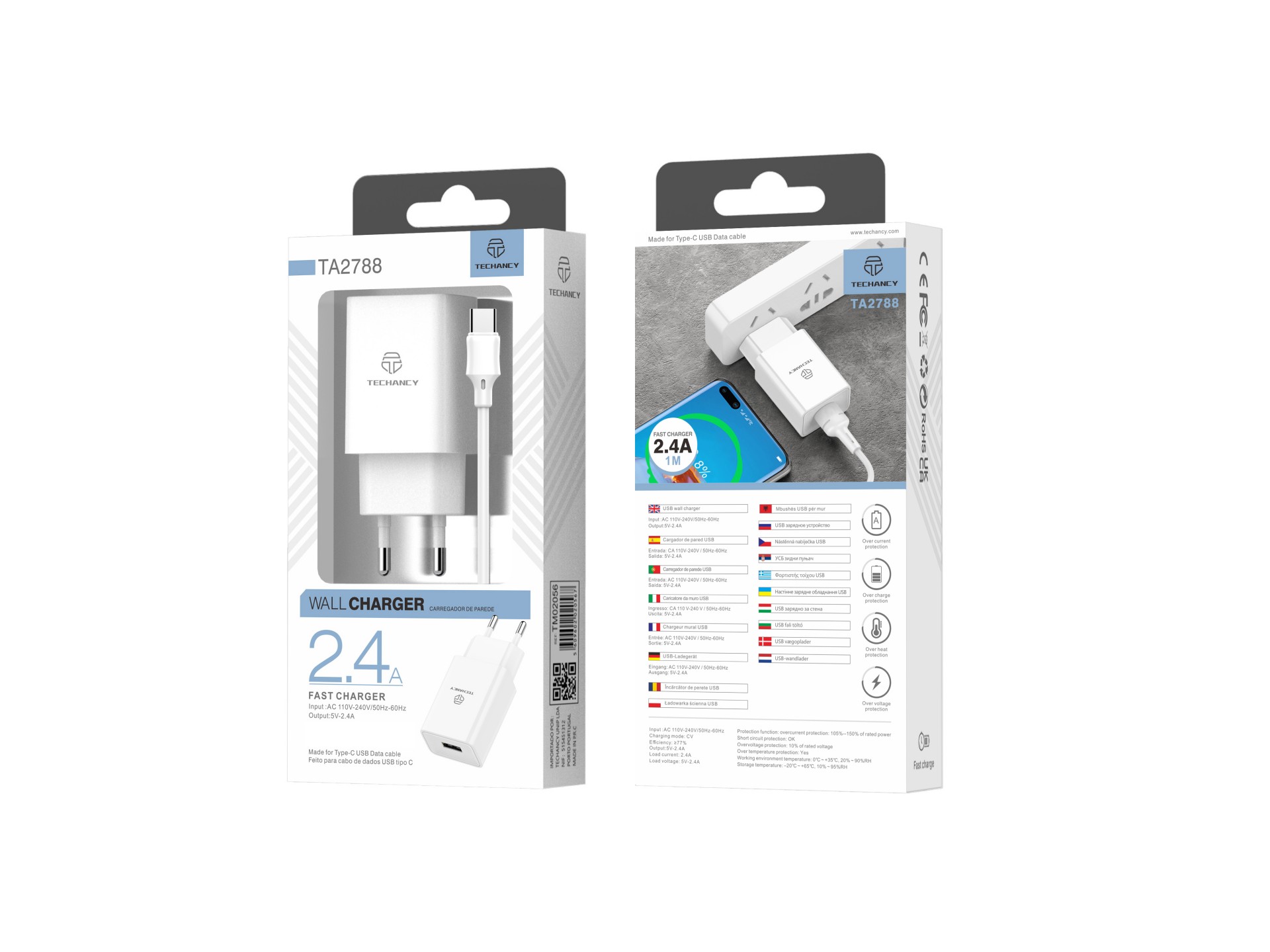 Ladegerät mit Kabel für Typ-C 2.4A 1Usb 1M Weiß Ladegerät mit Kabel für Typ-C 2.4A 1Usb 1M Weiß