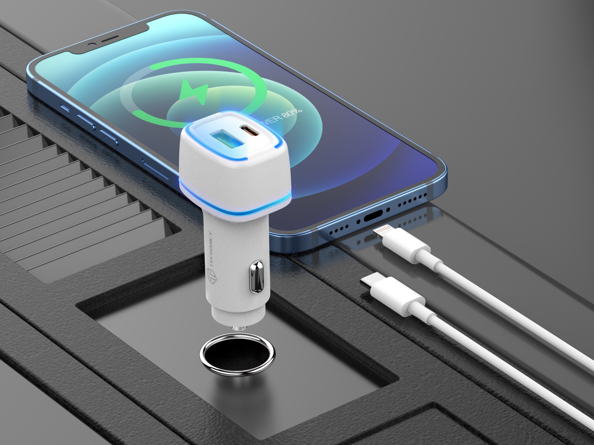Car Charger Pd20W + Qc3.018W 38 W White + Typec-Lightning Cable Pd Car Charger Pd20W + Qc3.018W 38 W White + Typec-Lightning Cable Pd