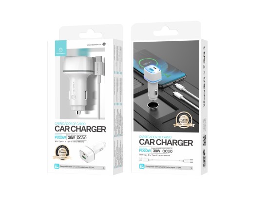 Cargador De Coche Pd20W + Qc3.018W 38 W Blanco + Cable Typec-Typec Pd Cargador De Coche Pd20W + Qc3.018W 38 W Blanco + Cable Typec-Typec Pd