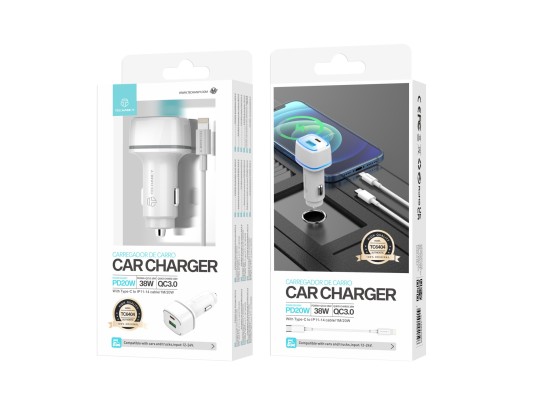 Car Charger Pd20W + Qc3.018W 38 W White + Typec-Lightning Cable Pd Car Charger Pd20W + Qc3.018W 38 W White + Typec-Lightning Cable Pd