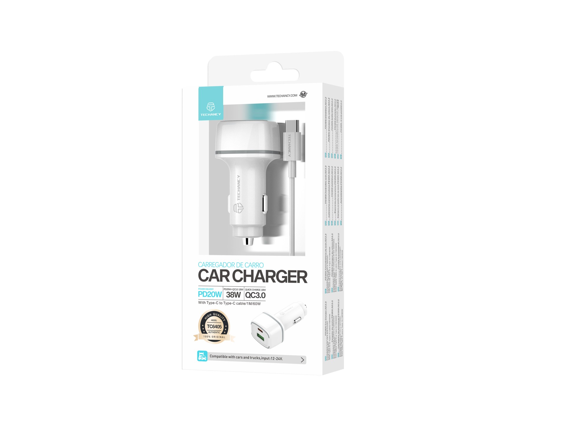 Cargador De Coche Pd20W + Qc3.018W 38 W Blanco + Cable Typec-Typec Pd Cargador De Coche Pd20W + Qc3.018W 38 W Blanco + Cable Typec-Typec Pd