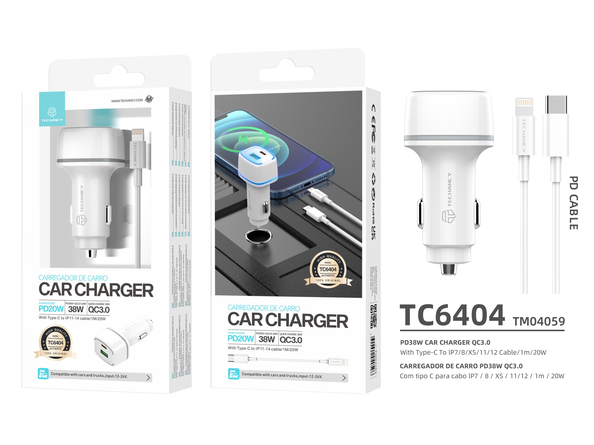 Car Charger Pd20W + Qc3.018W 38 W White + Typec-Lightning Cable Pd Car Charger Pd20W + Qc3.018W 38 W White + Typec-Lightning Cable Pd