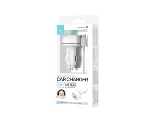 Cargador De Coche Pd20W + Qc3.018W 38 W Blanco + Cable Typec-Typec Pd Cargador De Coche Pd20W + Qc3.018W 38 W Blanco + Cable Typec-Typec Pd