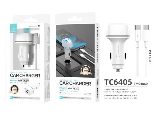 Cargador De Coche Pd20W + Qc3.018W 38 W Blanco + Cable Typec-Typec Pd Cargador De Coche Pd20W + Qc3.018W 38 W Blanco + Cable Typec-Typec Pd