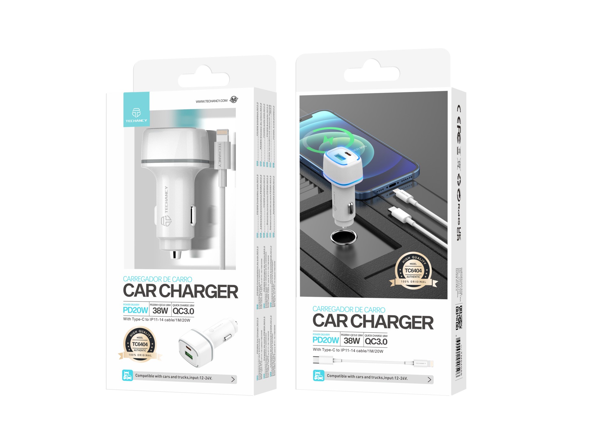 Car Charger Pd20W + Qc3.018W 38 W White + Typec-Lightning Cable Pd Car Charger Pd20W + Qc3.018W 38 W White + Typec-Lightning Cable Pd