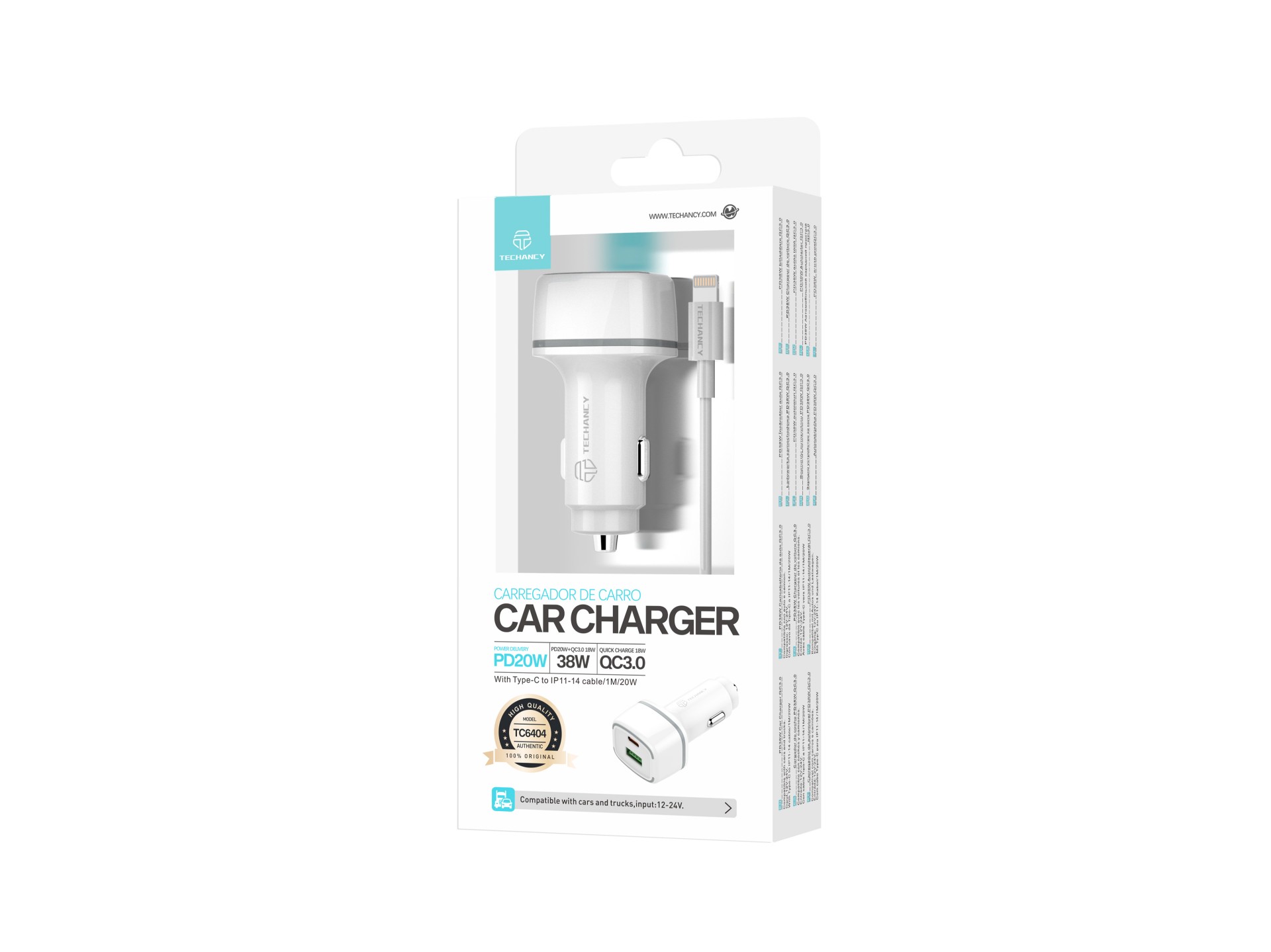 Car Charger Pd20W + Qc3.018W 38 W White + Typec-Lightning Cable Pd Car Charger Pd20W + Qc3.018W 38 W White + Typec-Lightning Cable Pd