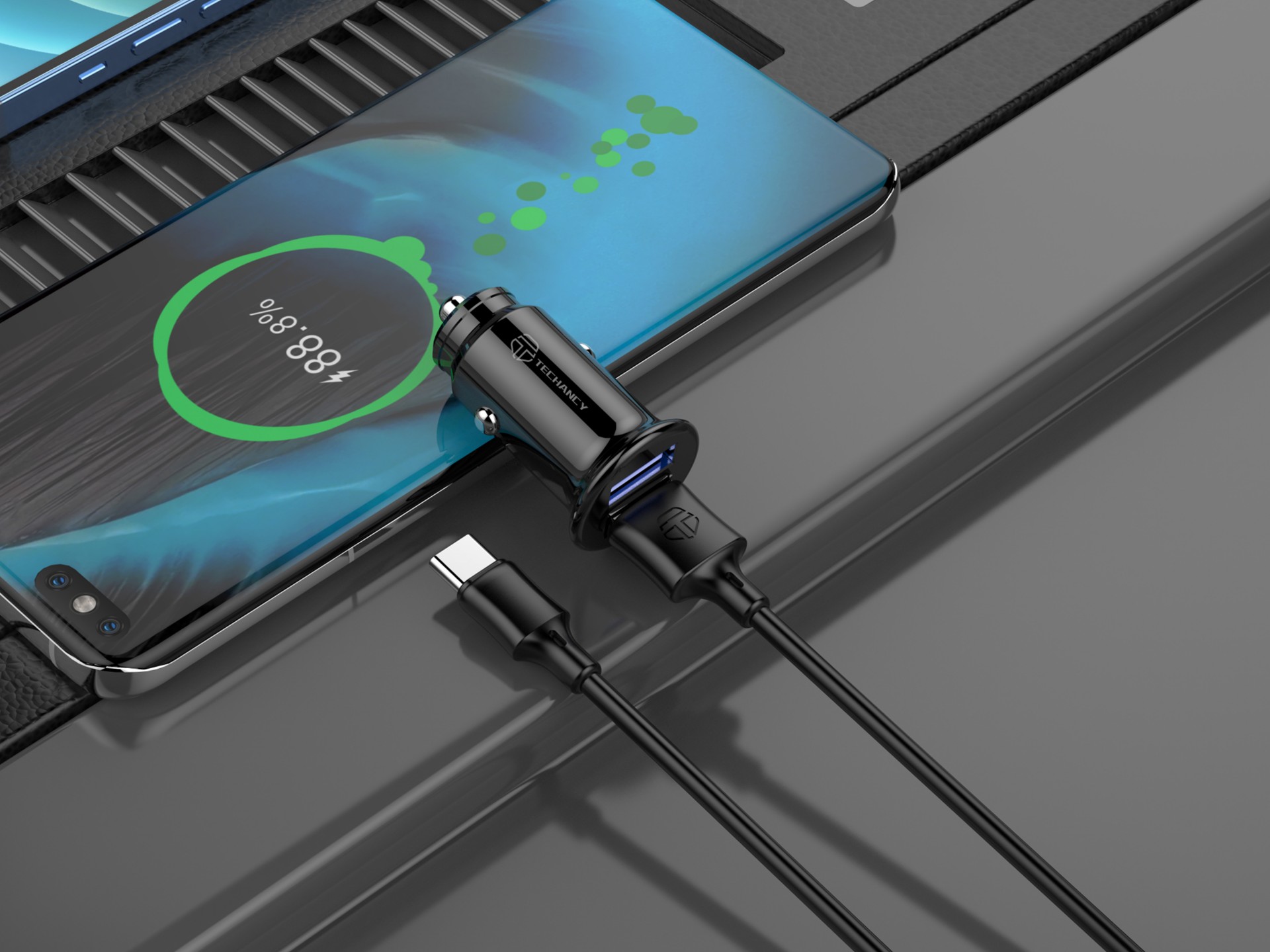 Autoladegerät 2Usb 2.4A Typ-C Schwarz Autoladegerät 2Usb 2.4A Typ-C Schwarz