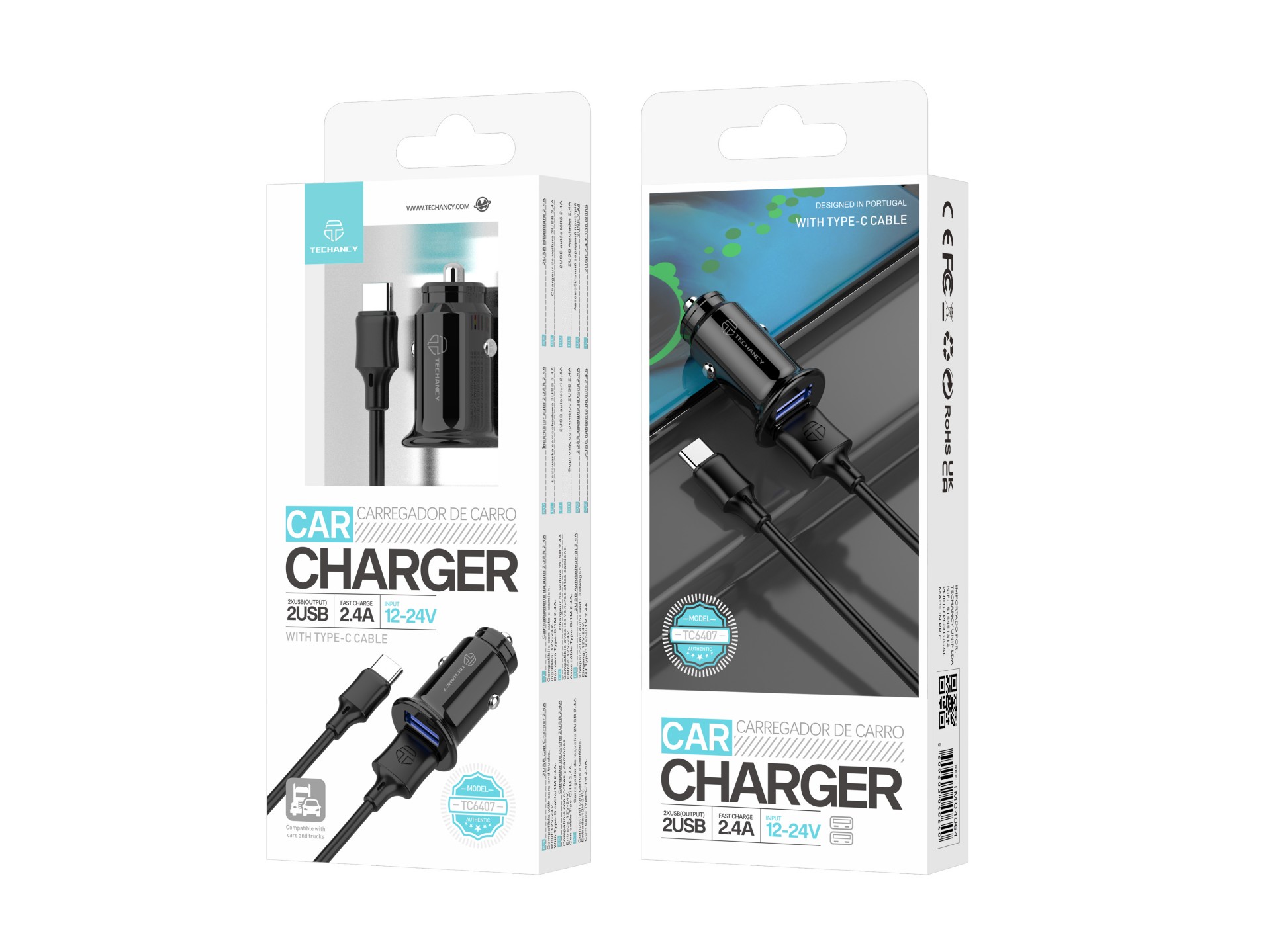 Autoladegerät 2Usb 2.4A Typ-C Schwarz Autoladegerät 2Usb 2.4A Typ-C Schwarz
