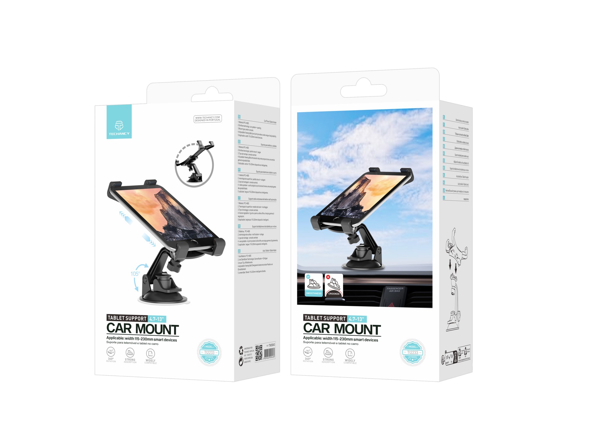 Techancy Supporto per telefoni cellulari e tablet 4.7-13' TI2233 Nero, rotazione a 360°, ventosa reg Techancy Supporto per telefoni cellulari e tablet 4.7-13' TI2233 Nero, rotazione a 360°, ventosa reg