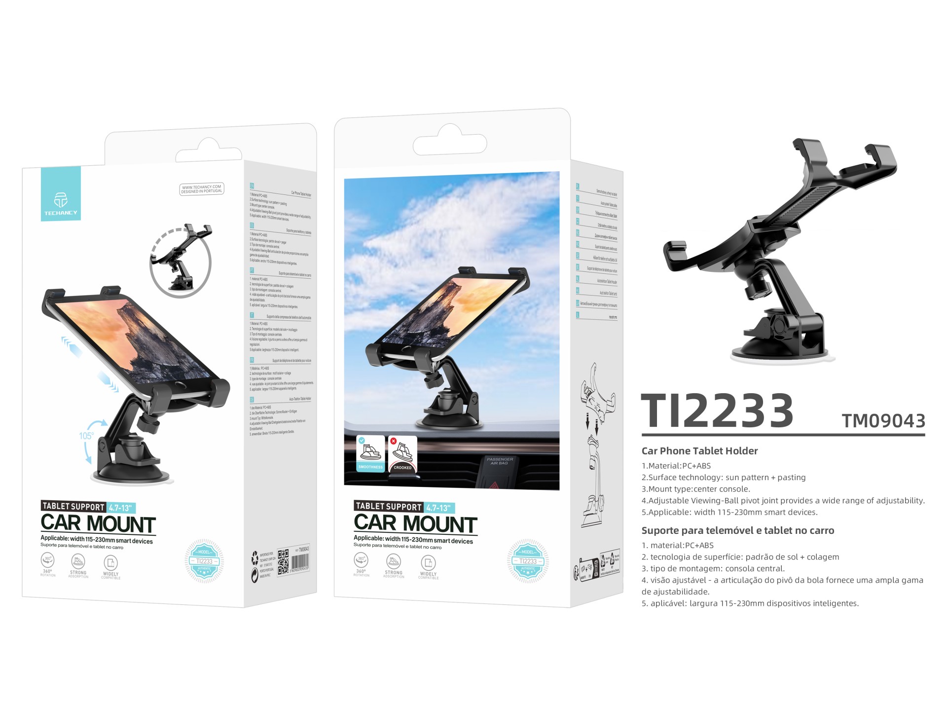 Techancy Supporto per telefoni cellulari e tablet 4.7-13' TI2233 Nero, rotazione a 360°, ventosa reg Techancy Supporto per telefoni cellulari e tablet 4.7-13' TI2233 Nero, rotazione a 360°, ventosa reg