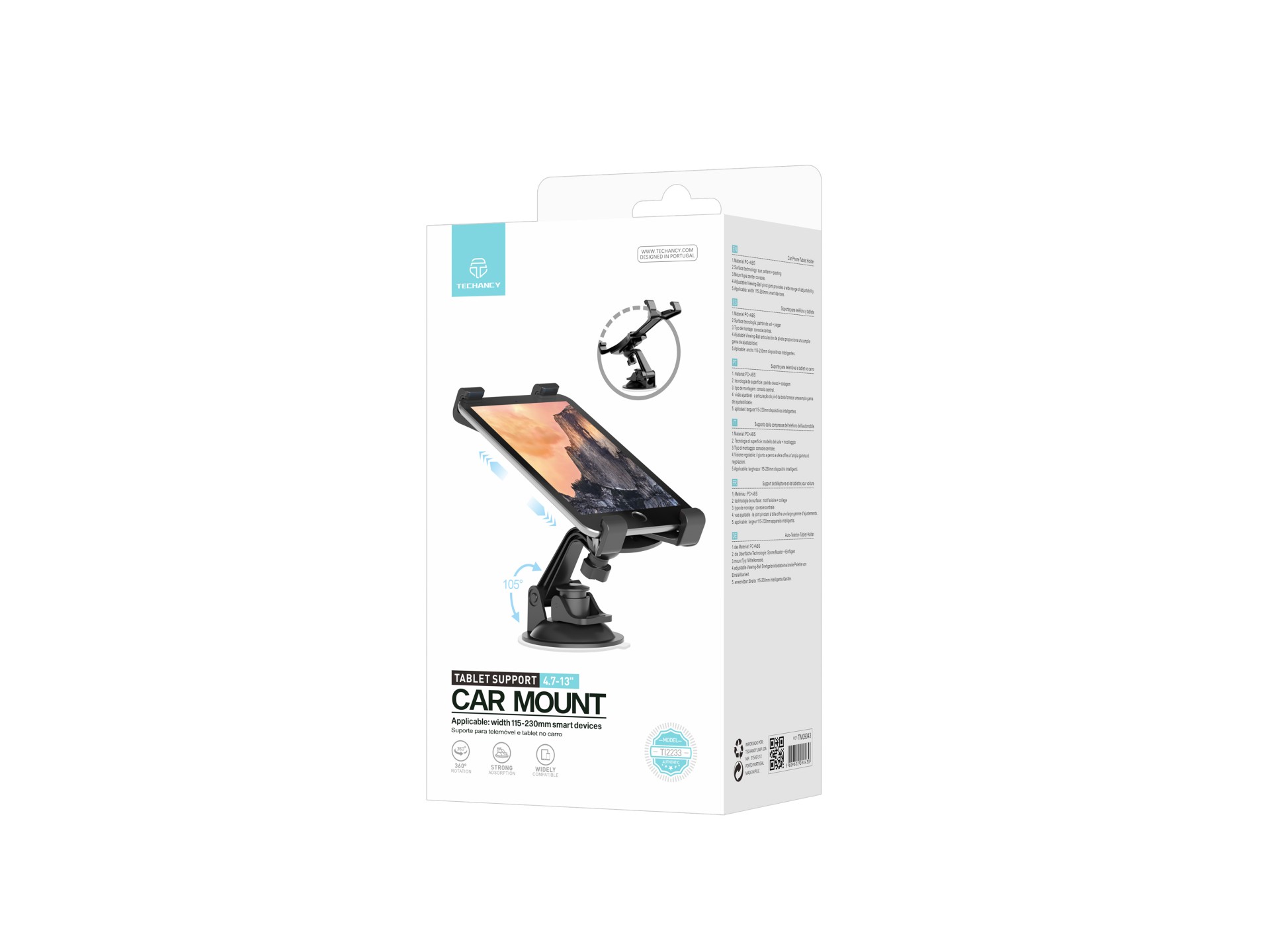 Techancy Supporto per telefoni cellulari e tablet 4.7-13' TI2233 Nero, rotazione a 360°, ventosa reg Techancy Supporto per telefoni cellulari e tablet 4.7-13' TI2233 Nero, rotazione a 360°, ventosa reg