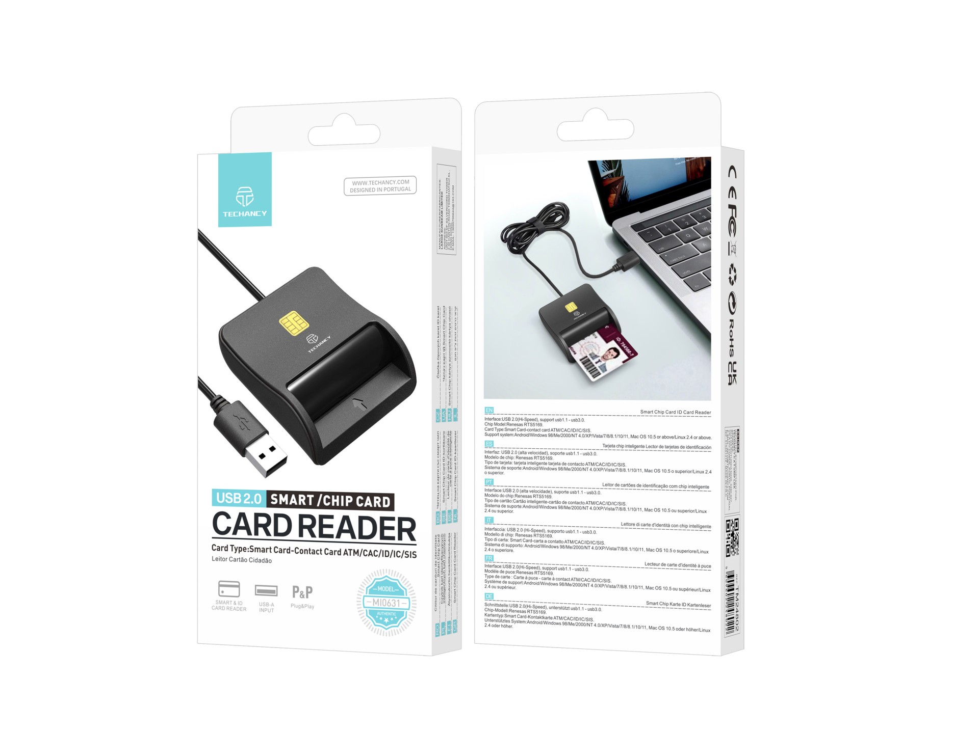 Techancy MI0631 Lettore di smart card, interfaccia USB 2.0, supporta più tipi di carte, compatibile Techancy MI0631 Lettore di smart card, interfaccia USB 2.0, supporta più tipi di carte, compatibile
