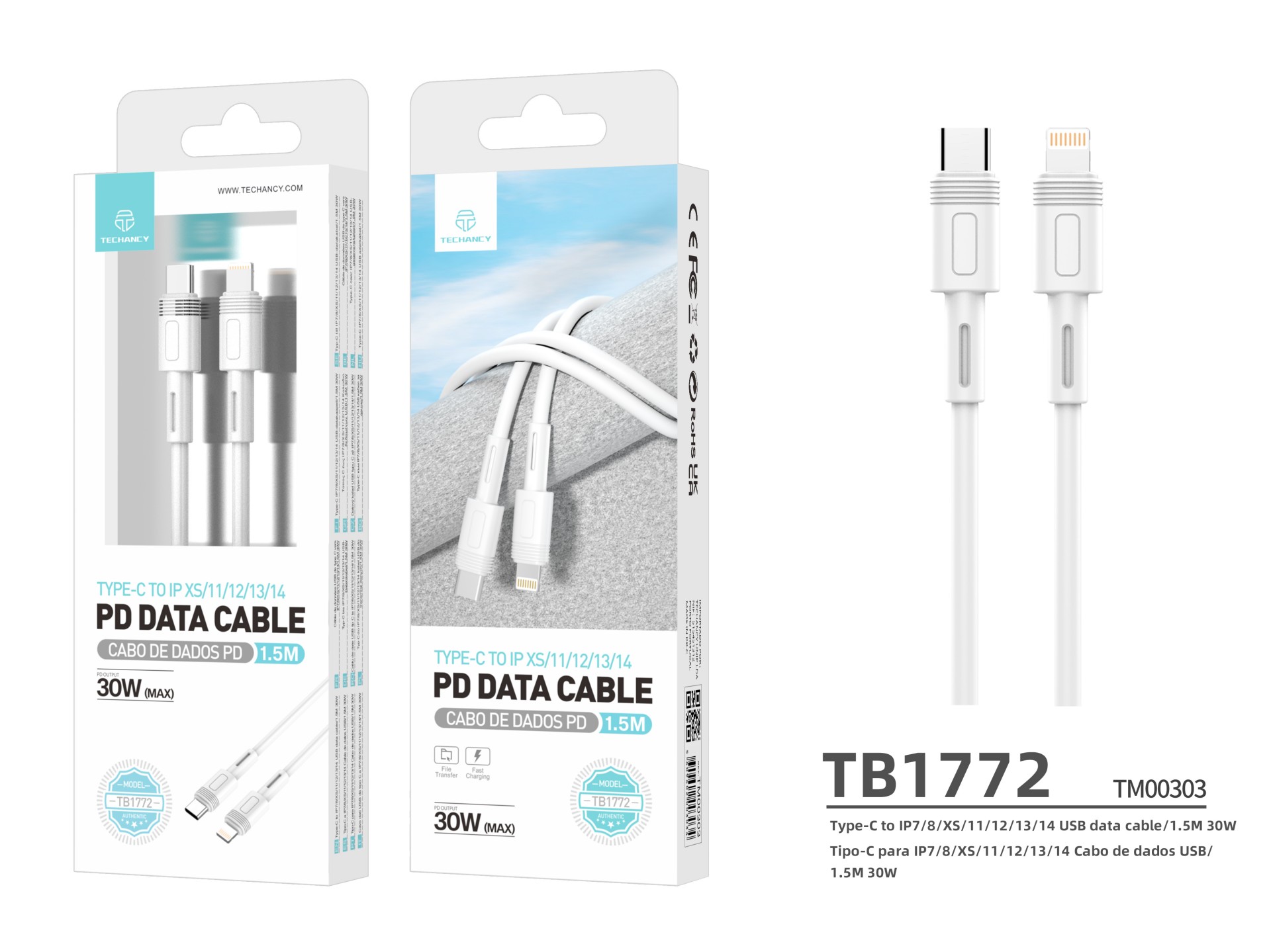 Techancy PD Type-C vers Lightning Data Cable TB1772, 30W, Compatible avec iPhone 14/13/12/11, 1.5m, Techancy PD Type-C vers Lightning Data Cable TB1772, 30W, Compatible avec iPhone 14/13/12/11, 1.5m,