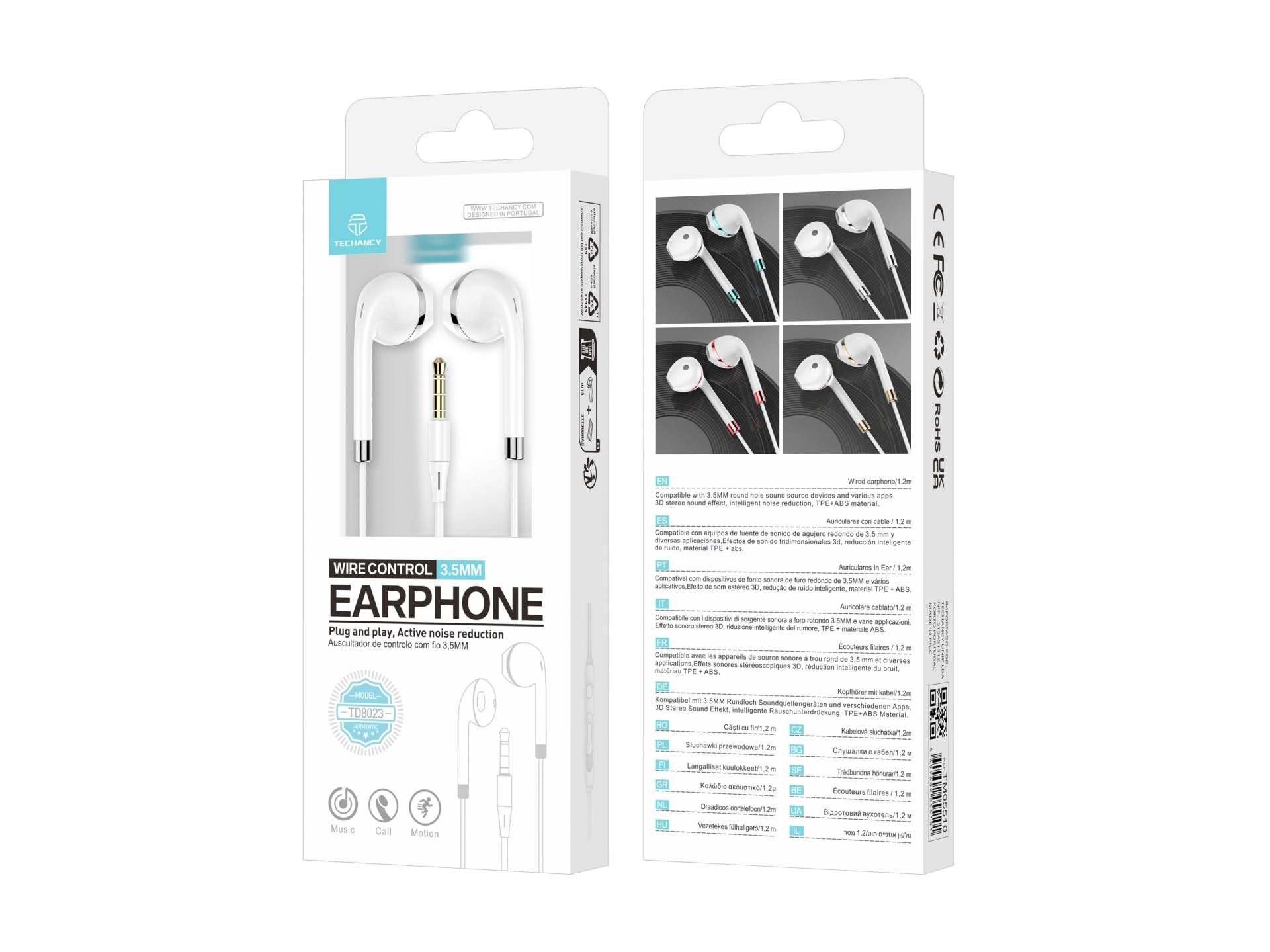 Techancy Fone de ouvido com fio TD8023, plugue 3,5 mm, controle no fio, microfone HD, cabo 1,2m Techancy Fone de ouvido com fio TD8023, plugue 3,5 mm, controle no fio, microfone HD, cabo 1,2m