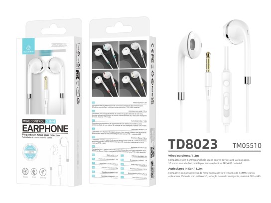 Techancy Fone de ouvido com fio TD8023, plugue 3,5 mm, controle no fio, microfone HD, cabo 1,2m Techancy Fone de ouvido com fio TD8023, plugue 3,5 mm, controle no fio, microfone HD, cabo 1,2m