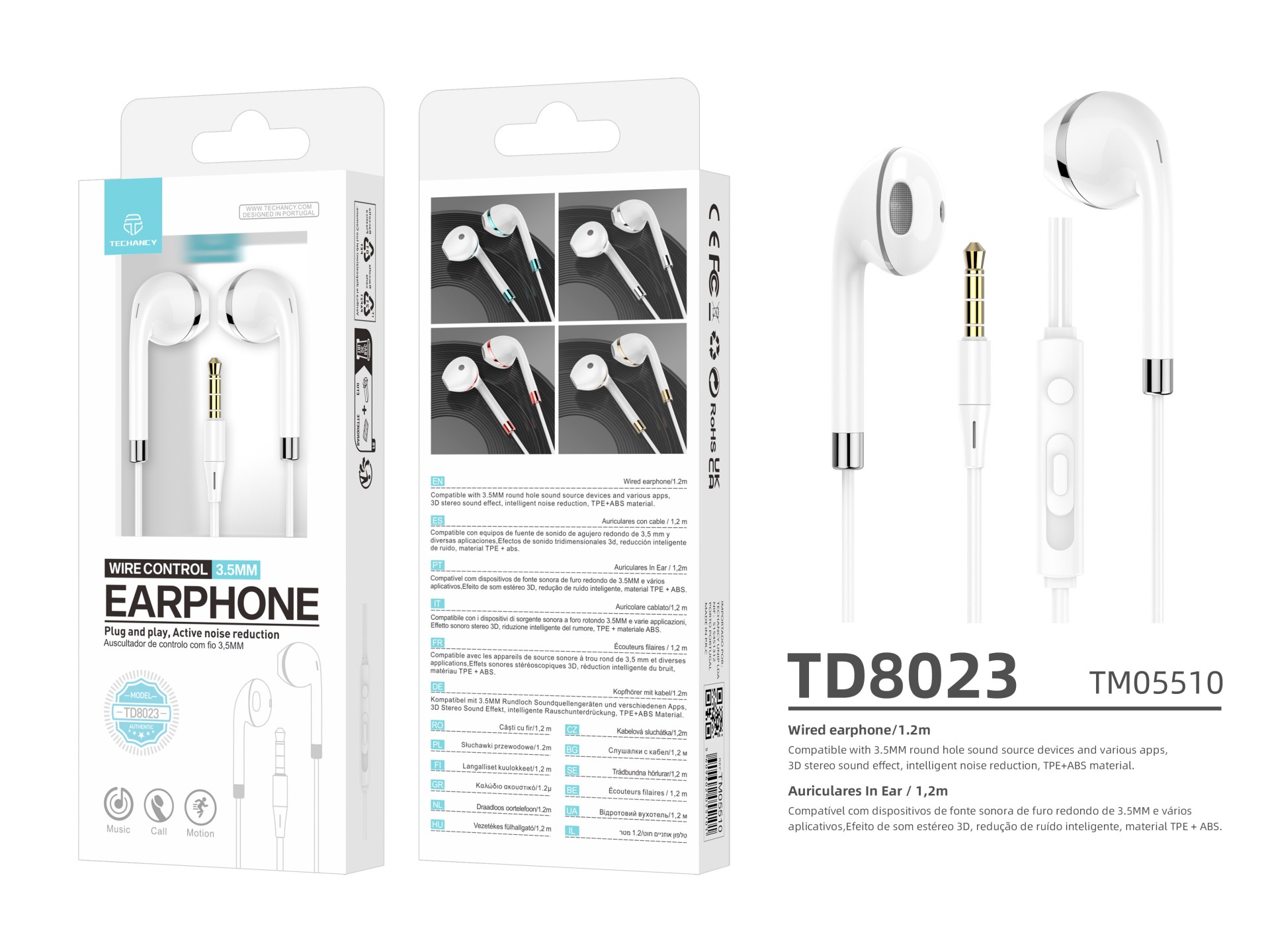 Techancy Fone de ouvido com fio TD8023, plugue 3,5 mm, controle no fio, microfone HD, cabo 1,2m Techancy Fone de ouvido com fio TD8023, plugue 3,5 mm, controle no fio, microfone HD, cabo 1,2m