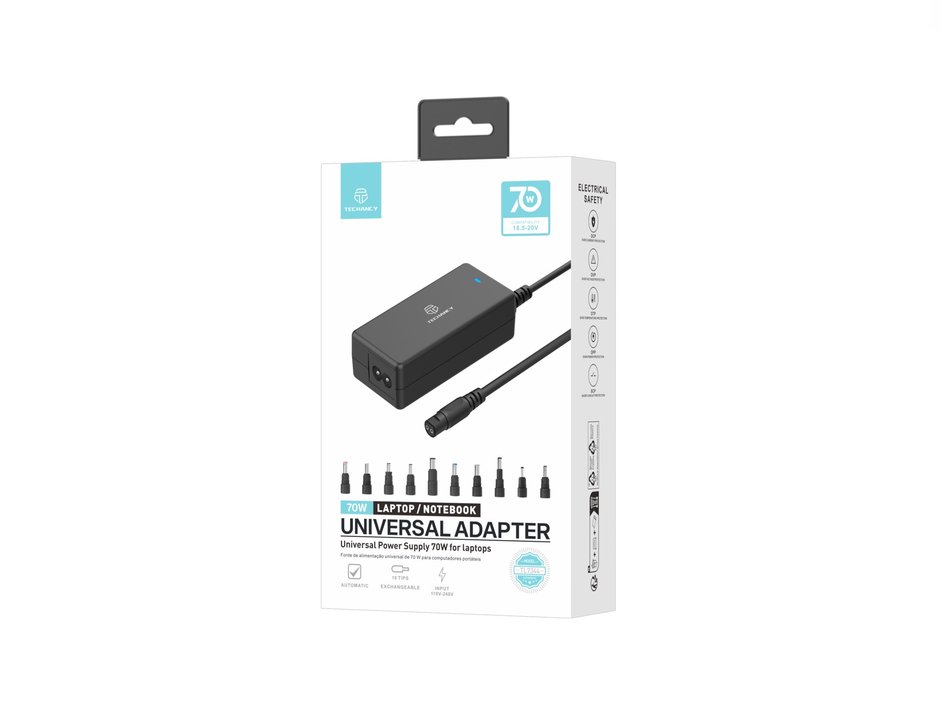 Techancy TL7344 adattatore di alimentazione universale per computer portatili, con potenza di 70W, 1 Techancy TL7344 adattatore di alimentazione universale per computer portatili, con potenza di 70W, 1