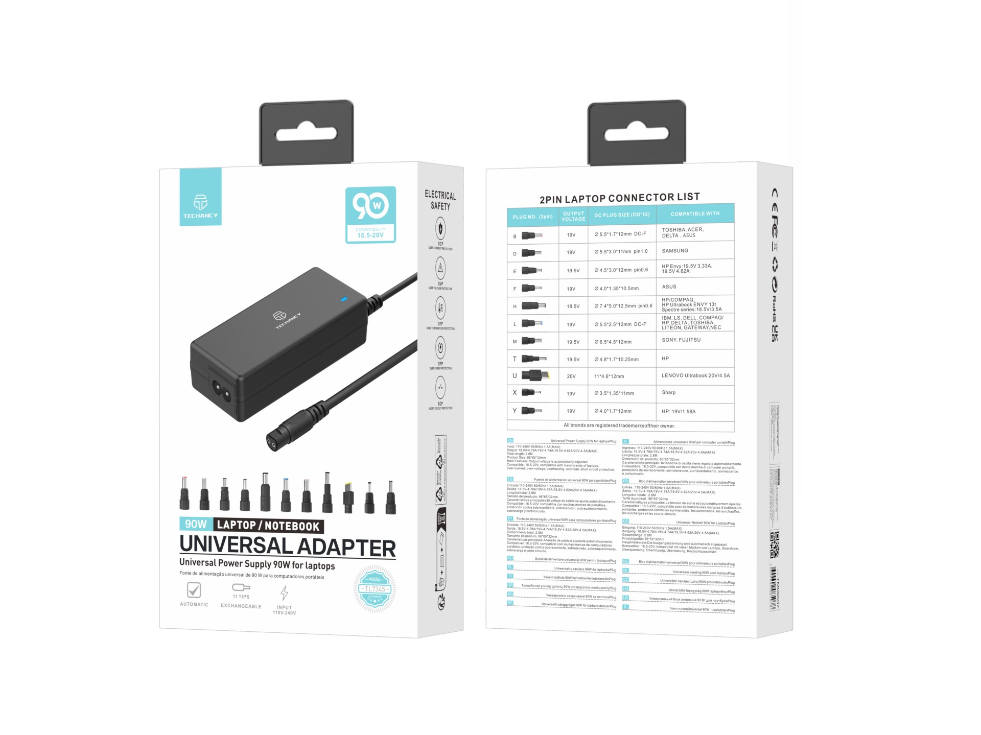 Adattatore di alimentazione universale Techancy TL7344 per computer portatili, con potenza di 90 W, Adattatore di alimentazione universale Techancy TL7344 per computer portatili, con potenza di 90 W,