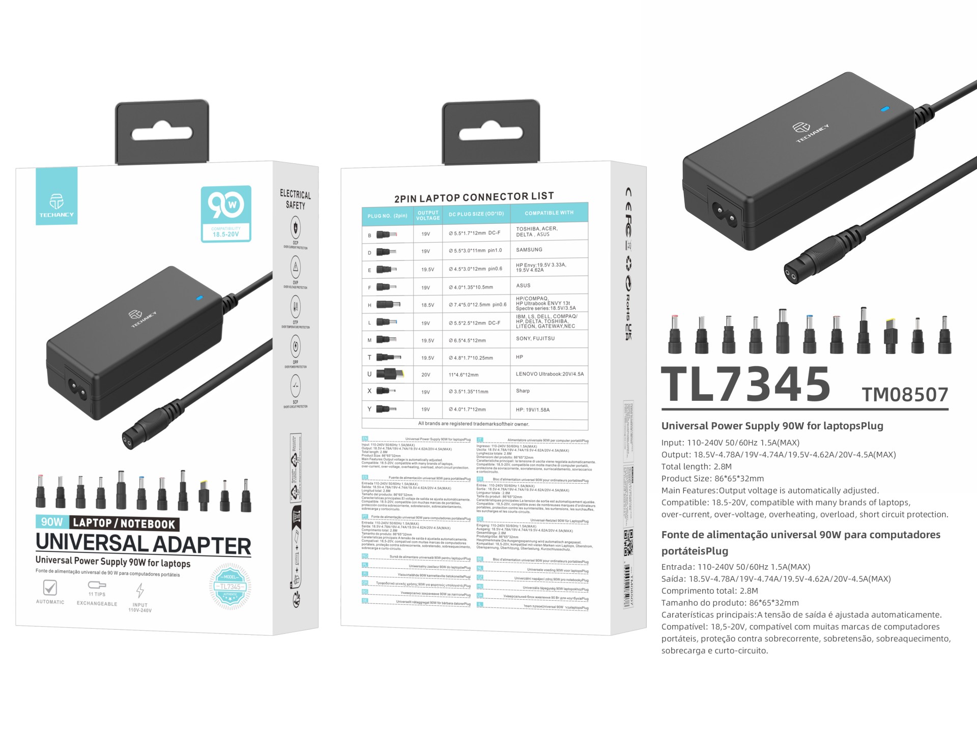 Adattatore di alimentazione universale Techancy TL7344 per computer portatili, con potenza di 90 W, Adattatore di alimentazione universale Techancy TL7344 per computer portatili, con potenza di 90 W,