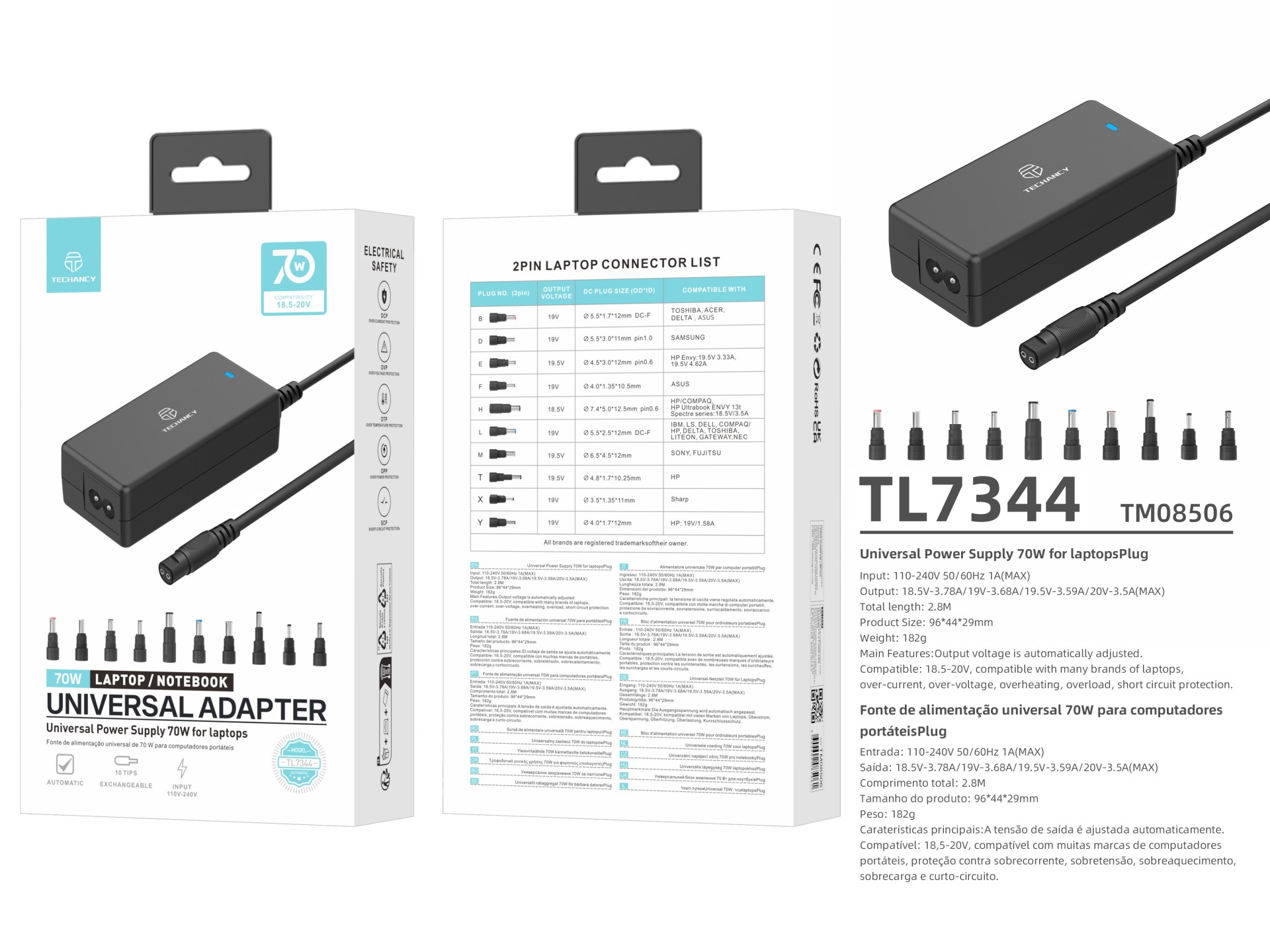 Techancy TL7344 adattatore di alimentazione universale per computer portatili, con potenza di 70W, 1 Techancy TL7344 adattatore di alimentazione universale per computer portatili, con potenza di 70W, 1