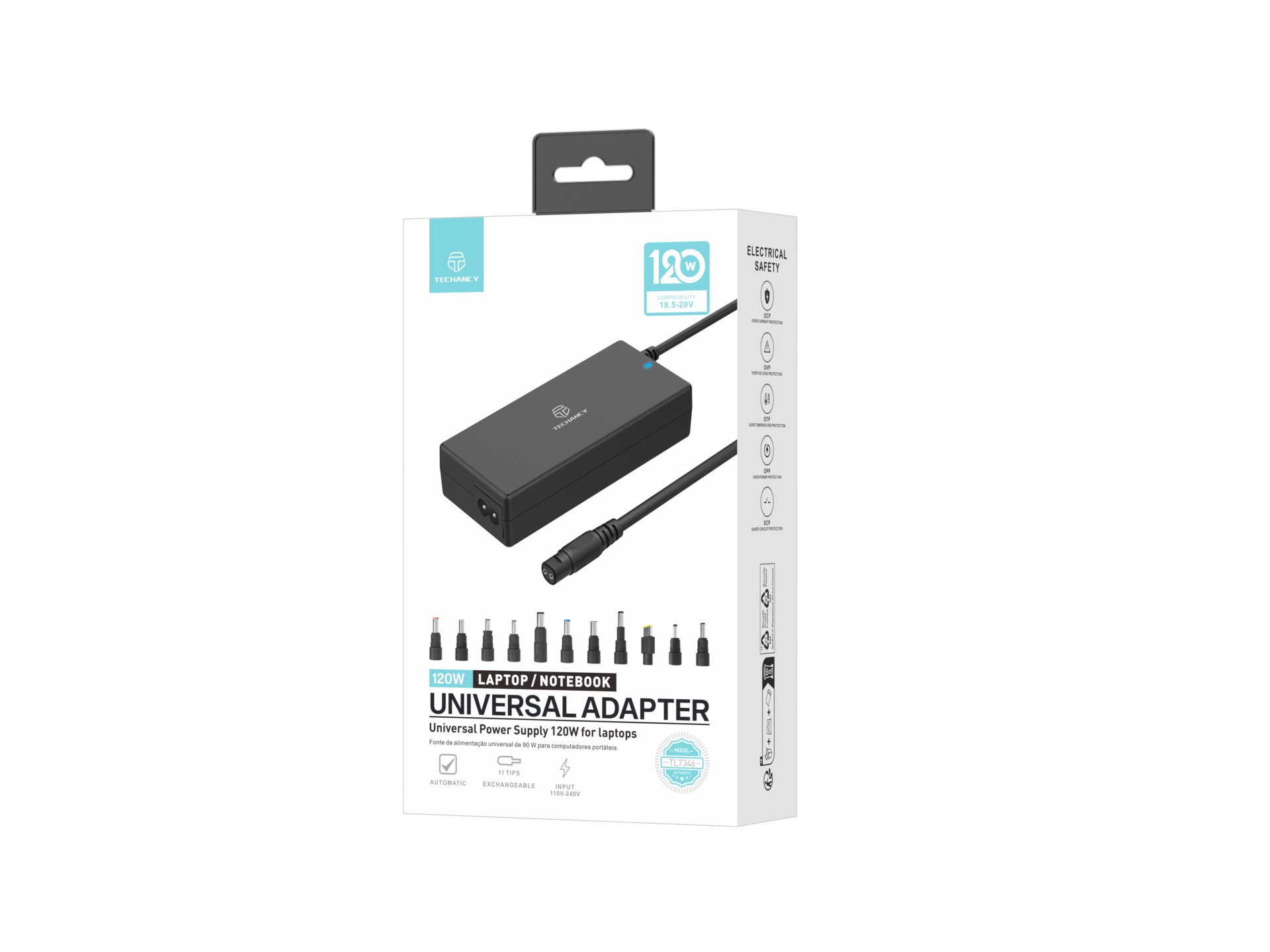Adattatore di alimentazione universale Techancy TL7344 per computer portatili, con potenza di 120 W, Adattatore di alimentazione universale Techancy TL7344 per computer portatili, con potenza di 120 W,