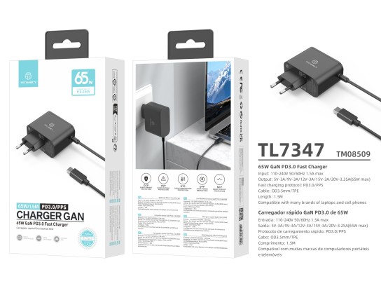 Cargador rápido Techancy TL7347 GaN USB-C de 65 W, pequeño y portátil, compatible con varios disposi Cargador rápido Techancy TL7347 GaN USB-C de 65 W, pequeño y portátil, compatible con varios disposi