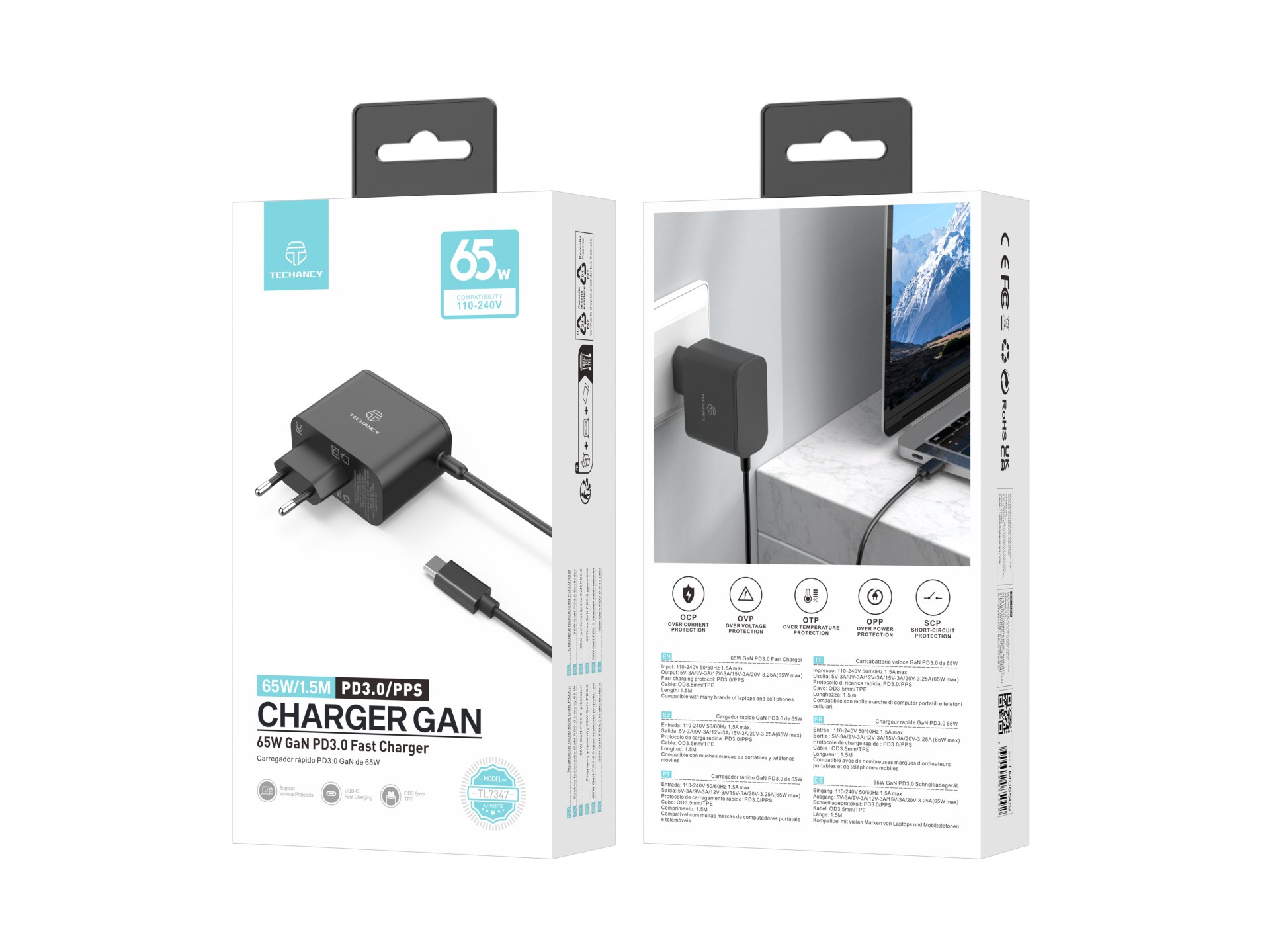 Cargador rápido Techancy TL7347 GaN USB-C de 65 W, pequeño y portátil, compatible con varios disposi Cargador rápido Techancy TL7347 GaN USB-C de 65 W, pequeño y portátil, compatible con varios disposi