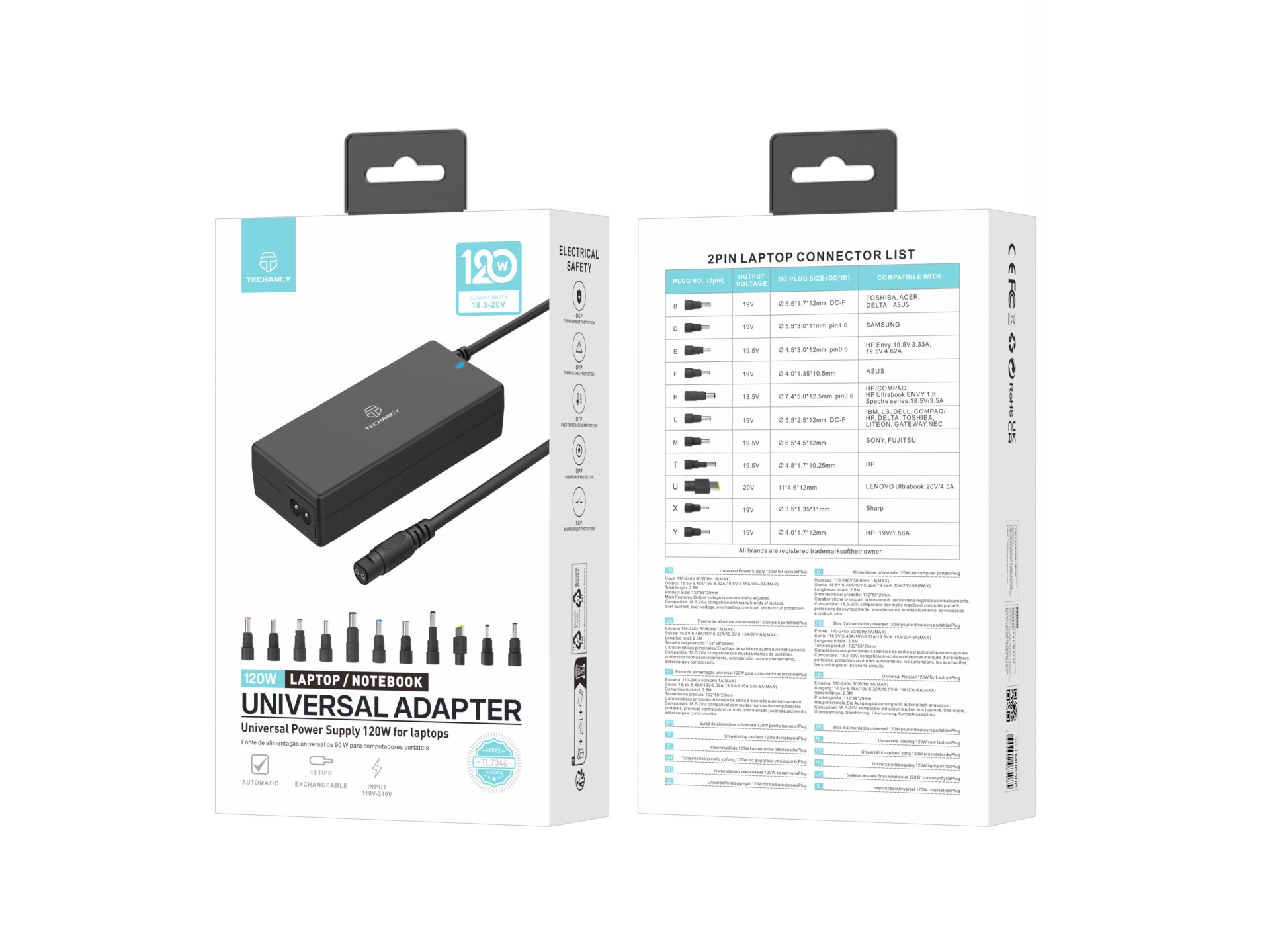 Adattatore di alimentazione universale Techancy TL7344 per computer portatili, con potenza di 120 W, Adattatore di alimentazione universale Techancy TL7344 per computer portatili, con potenza di 120 W,