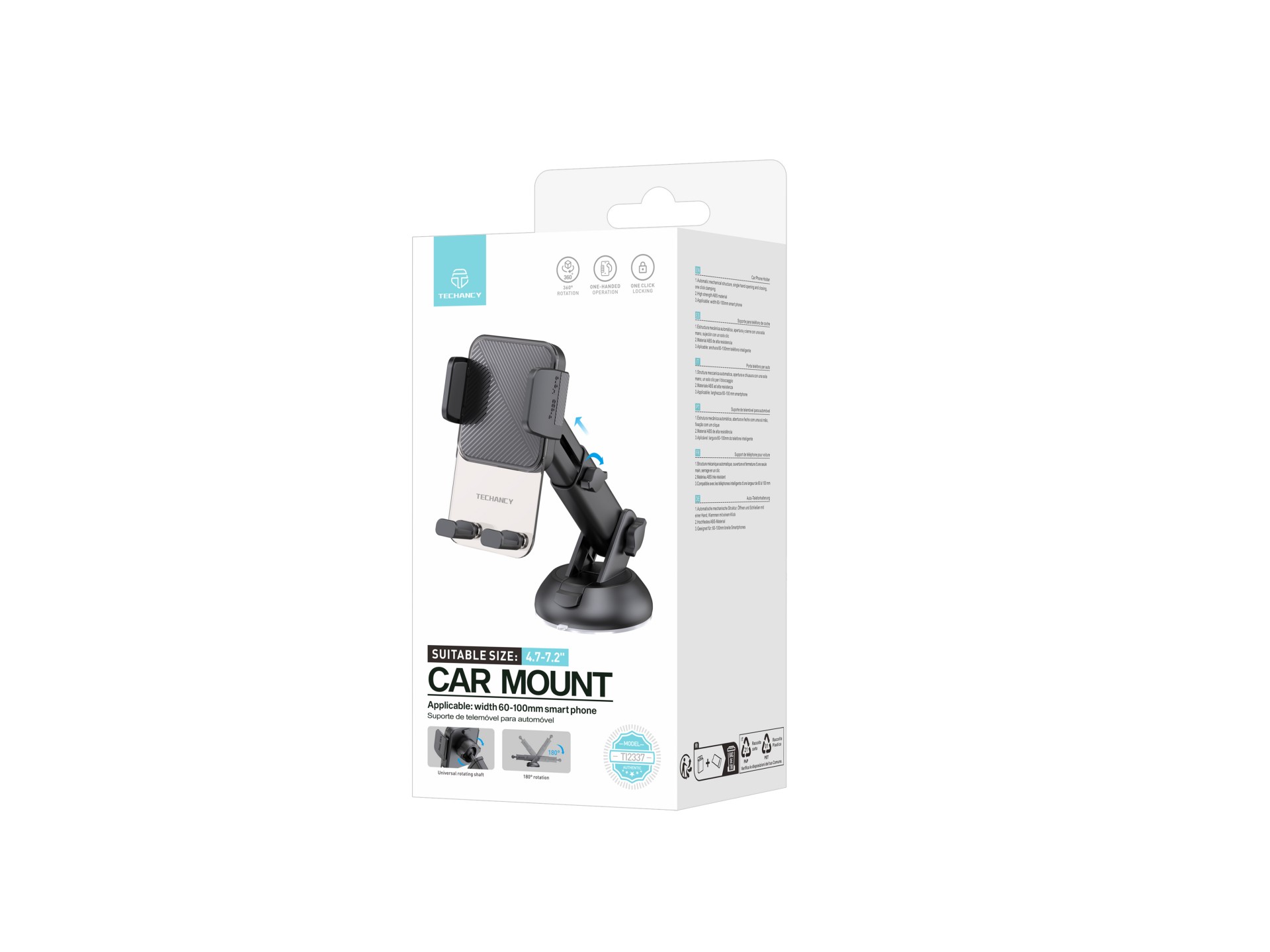 Techancy TI2337 Supporto per cellulare con ventosa, utilizzabile con una sola mano, ABS ad alta resi Techancy TI2337 Supporto per cellulare con ventosa, utilizzabile con una sola mano, ABS ad alta resi