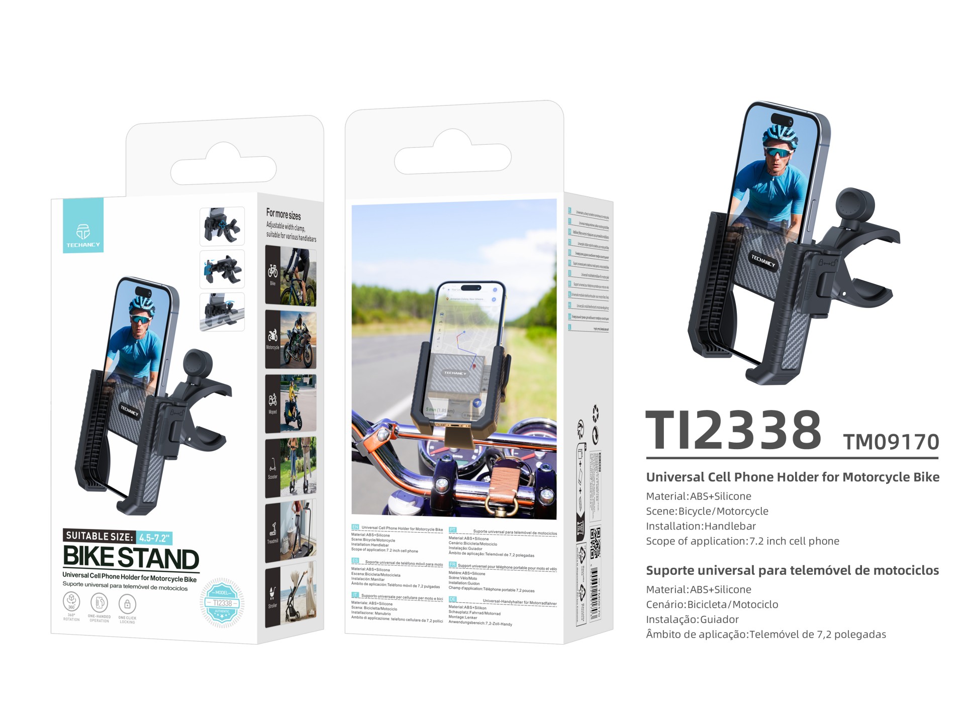 Techancy TI2338 Support universel pour téléphone portable, compatible vélo/moto, 4,5-7,2 pouces, ABS Techancy TI2338 Support universel pour téléphone portable, compatible vélo/moto, 4,5-7,2 pouces, ABS