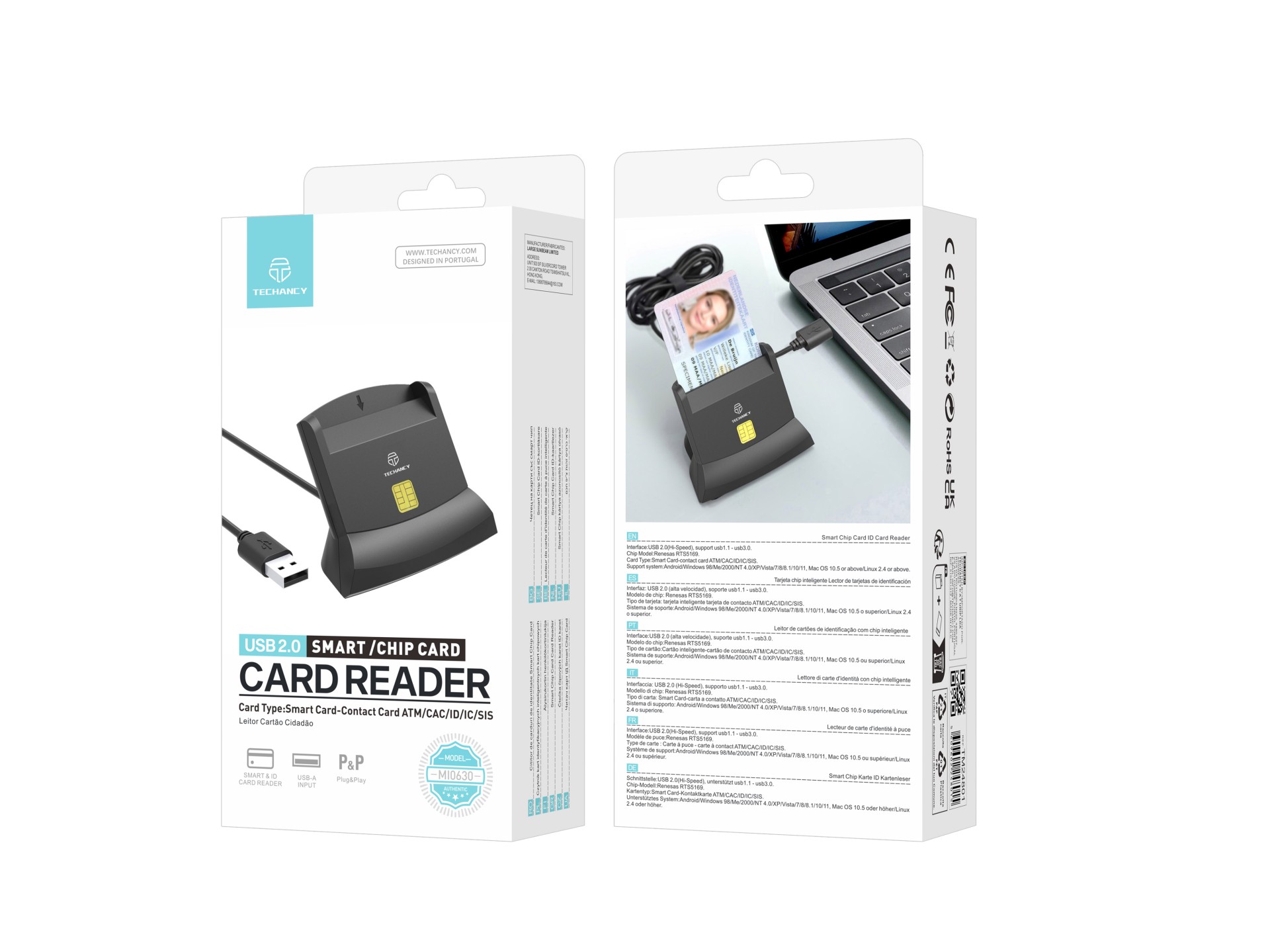 Techancy MI0630 lettore di smart card, interfaccia USB 2.0, supporta pi� tipi di carte, compatibile 