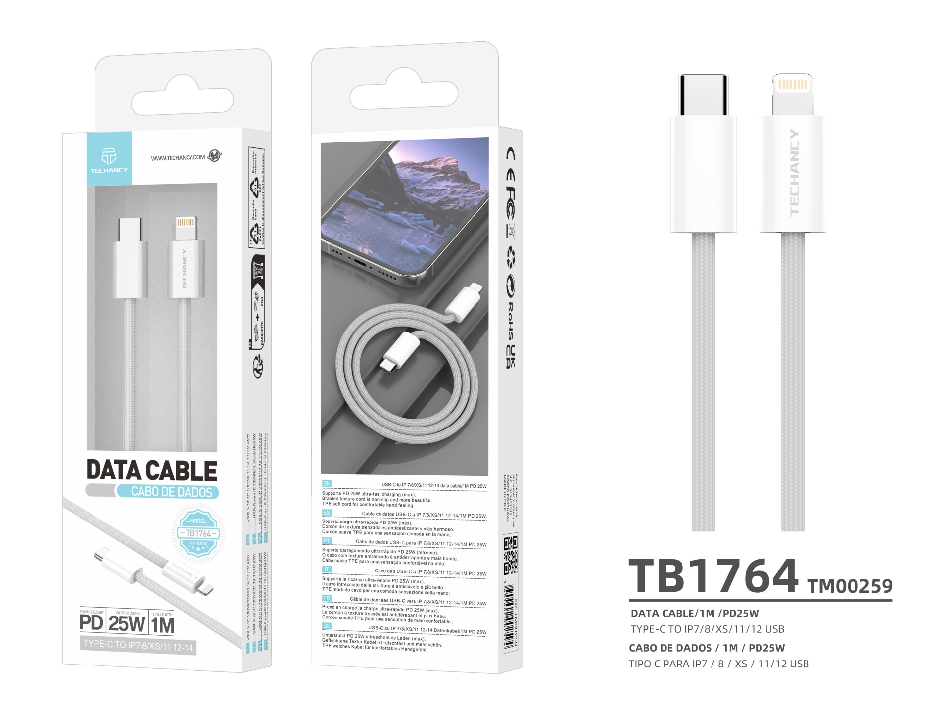 Techancy PD Data Cable TB1764, 25W, 1m white, USB-C to Lightning, compatible with iPhone 8/XS/11-14, Techancy PD Data Cable TB1764, 25W, 1m white, USB-C to Lightning, compatible with iPhone 8/XS/11-14,