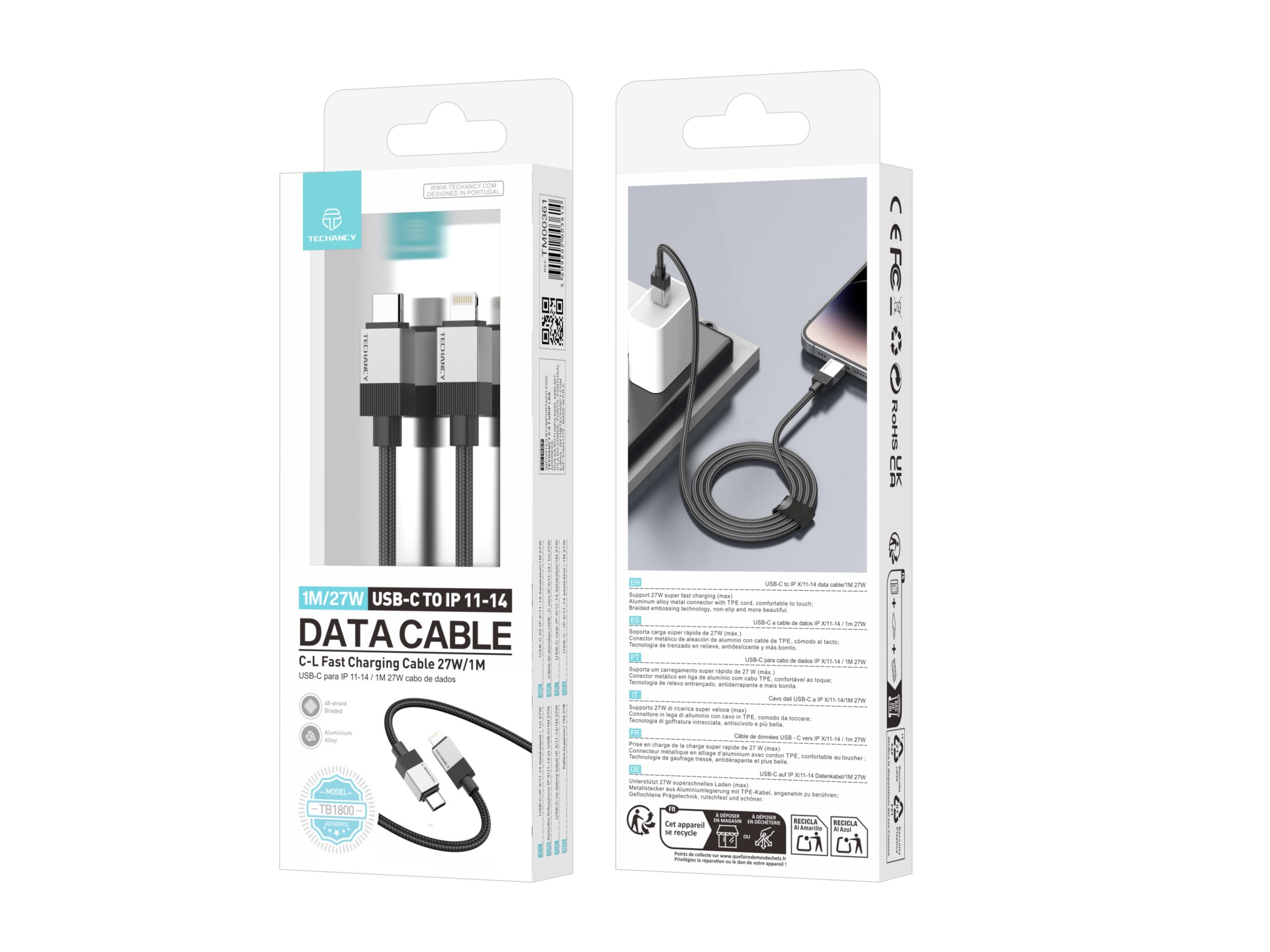 Techancy Cabo de dados PD TB1800, 27 W, 1 m preto, USB-C para Lightning, conector de liga de alumíni Techancy Cabo de dados PD TB1800, 27 W, 1 m preto, USB-C para Lightning, conector de liga de alumíni