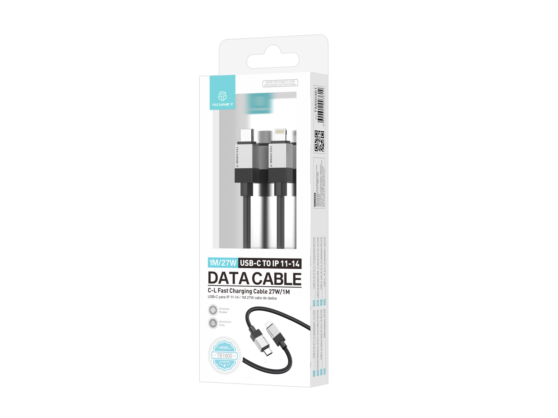 Techancy Cabo de dados PD TB1800, 27 W, 1 m preto, USB-C para Lightning, conector de liga de alumíni Techancy Cabo de dados PD TB1800, 27 W, 1 m preto, USB-C para Lightning, conector de liga de alumíni