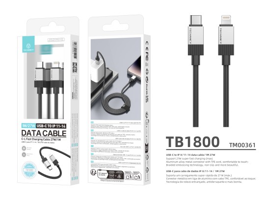 Techancy Cabo de dados PD TB1800, 27 W, 1 m preto, USB-C para Lightning, conector de liga de alumíni Techancy Cabo de dados PD TB1800, 27 W, 1 m preto, USB-C para Lightning, conector de liga de alumíni