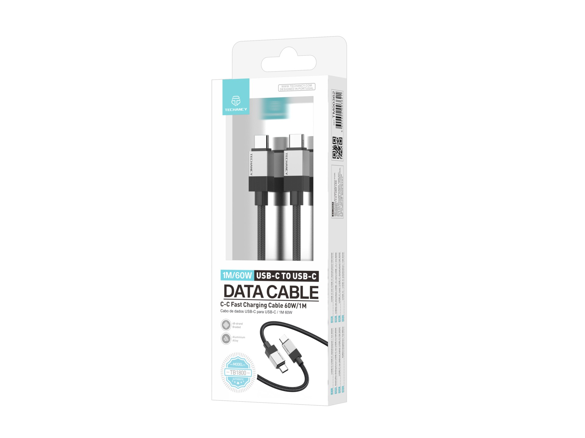 Techancy PD Data Cable TB1800, 60W, 1m black, USB-C to USB-C, aluminum alloy connector, braided desi Techancy PD Data Cable TB1800, 60W, 1m black, USB-C to USB-C, aluminum alloy connector, braided desi
