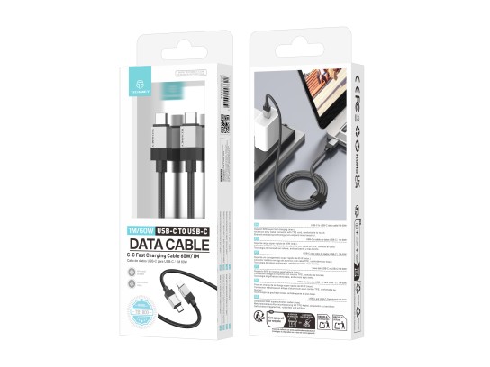 Techancy PD Data Cable TB1800, 60W, 1m black, USB-C to USB-C, aluminum alloy connector, braided desi Techancy PD Data Cable TB1800, 60W, 1m black, USB-C to USB-C, aluminum alloy connector, braided desi