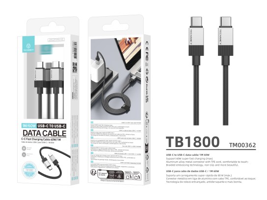 Techancy PD Data Cable TB1800, 60W, 1m black, USB-C to USB-C, aluminum alloy connector, braided desi Techancy PD Data Cable TB1800, 60W, 1m black, USB-C to USB-C, aluminum alloy connector, braided desi