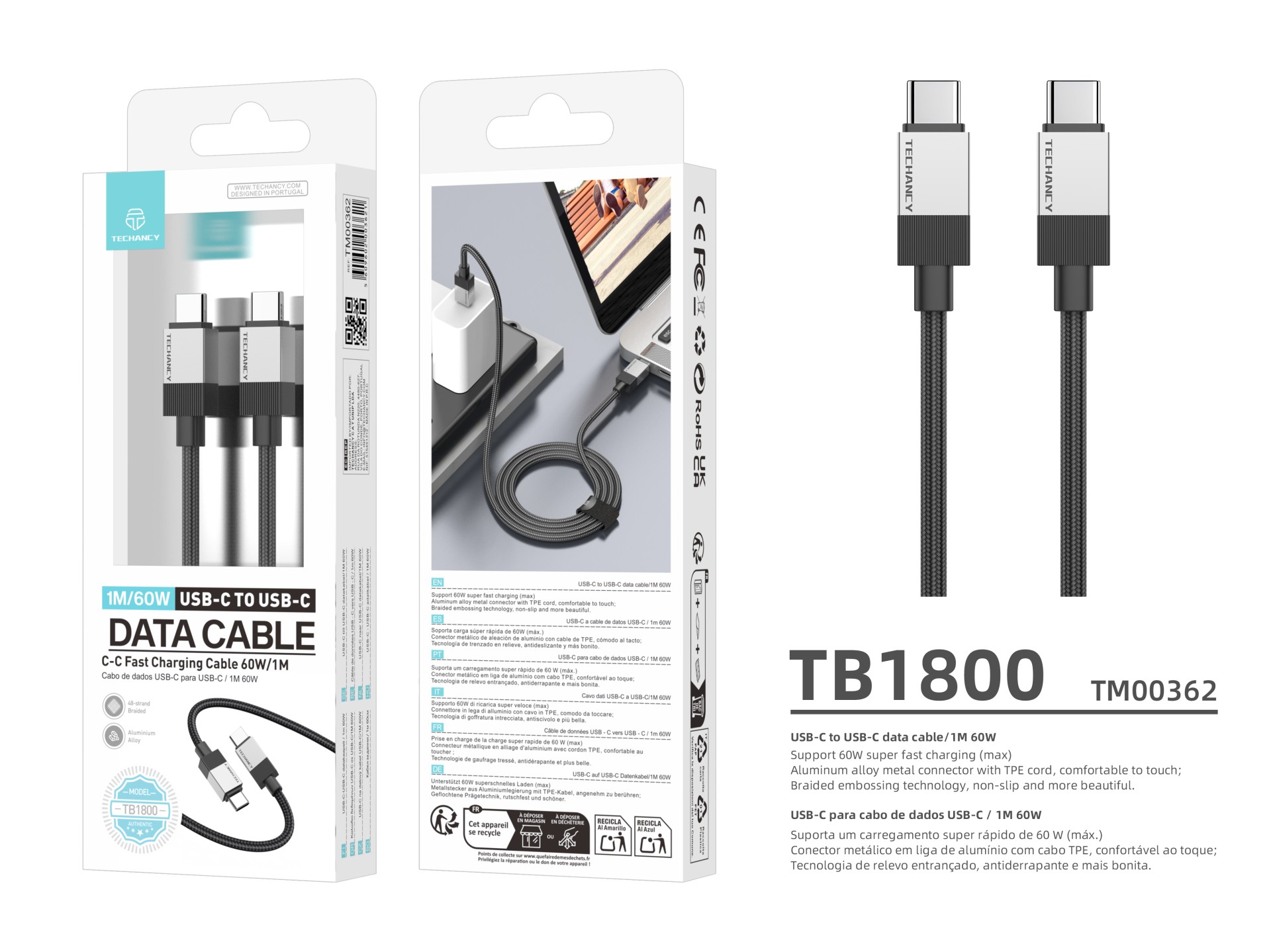 Techancy PD Data Cable TB1800, 60W, 1m black, USB-C to USB-C, aluminum alloy connector, braided desi Techancy PD Data Cable TB1800, 60W, 1m black, USB-C to USB-C, aluminum alloy connector, braided desi