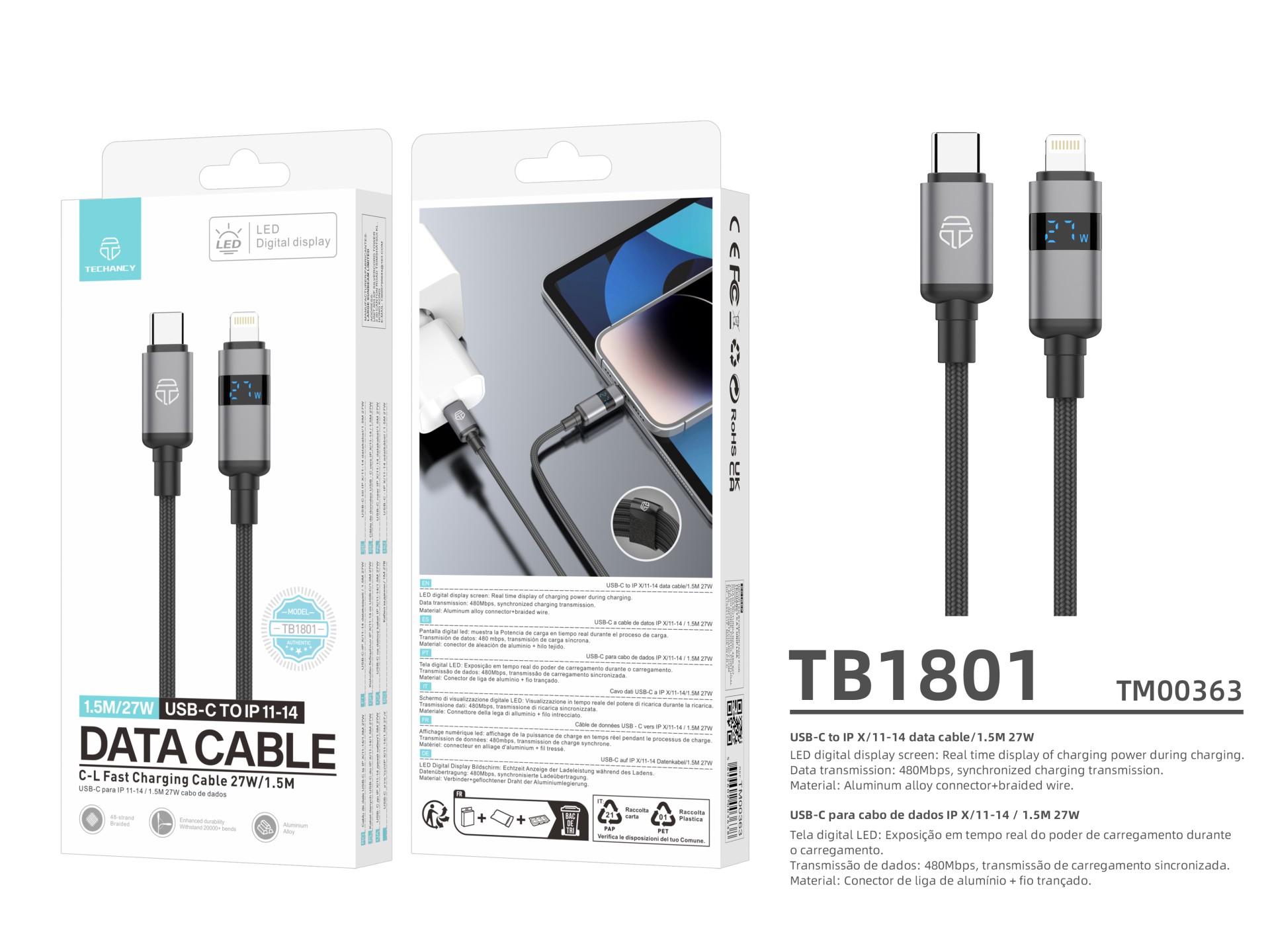 Techancy USB-C to Lightning Cable TB1801, 27W, 1.5m black, LED power display, aluminum connector, br Techancy USB-C to Lightning Cable TB1801, 27W, 1.5m black, LED power display, aluminum connector, br